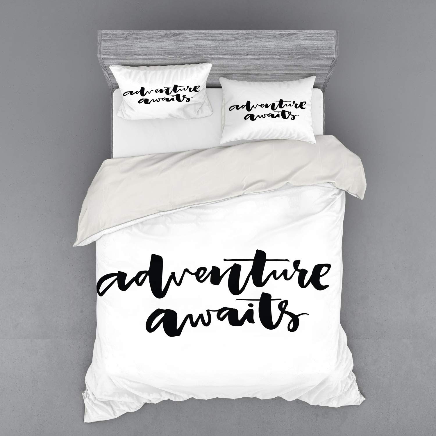 Ambesonne Adventure Bedding Set - Inspirational Travel & Life Quotes 'Adventure Never Stops' 4-Piece Duvet Cover Set with Shams & Fitted Sheet, Queen Size Black & White - Perfect for Wanderlust Bedrooms & Travel-Themed Decor