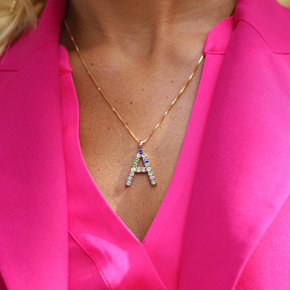 Personalized Letter Necklace A - Custom Initial Pendant with Rainbow Charm | Perfect for Birthdays, Anniversaries & Everyday Layering Jewelry