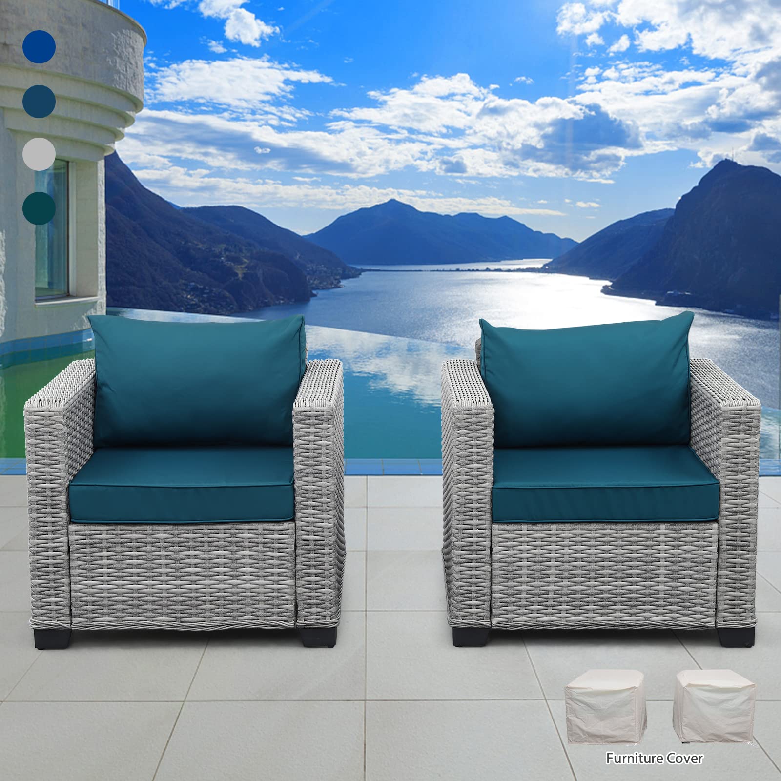 Rattan Patio Single Sofa Chairs Set of 2 - Outdoor Wicker Accent Furniture with Anti-Slip Cushions & Waterproof Cover - Peacock Blue - Perfect for Garden, Poolside, and Backyard Relaxation