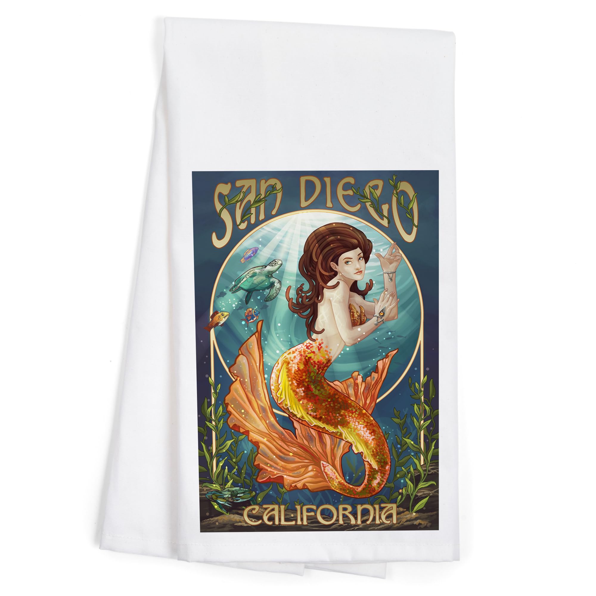 Lantern Press San Diego California Mermaid Tea Towel - 100% Cotton Decorative Hand Towel for Kitchen & Home Decor - Perfect for Dish Drying, Gift Giving & Coastal Themed Spaces