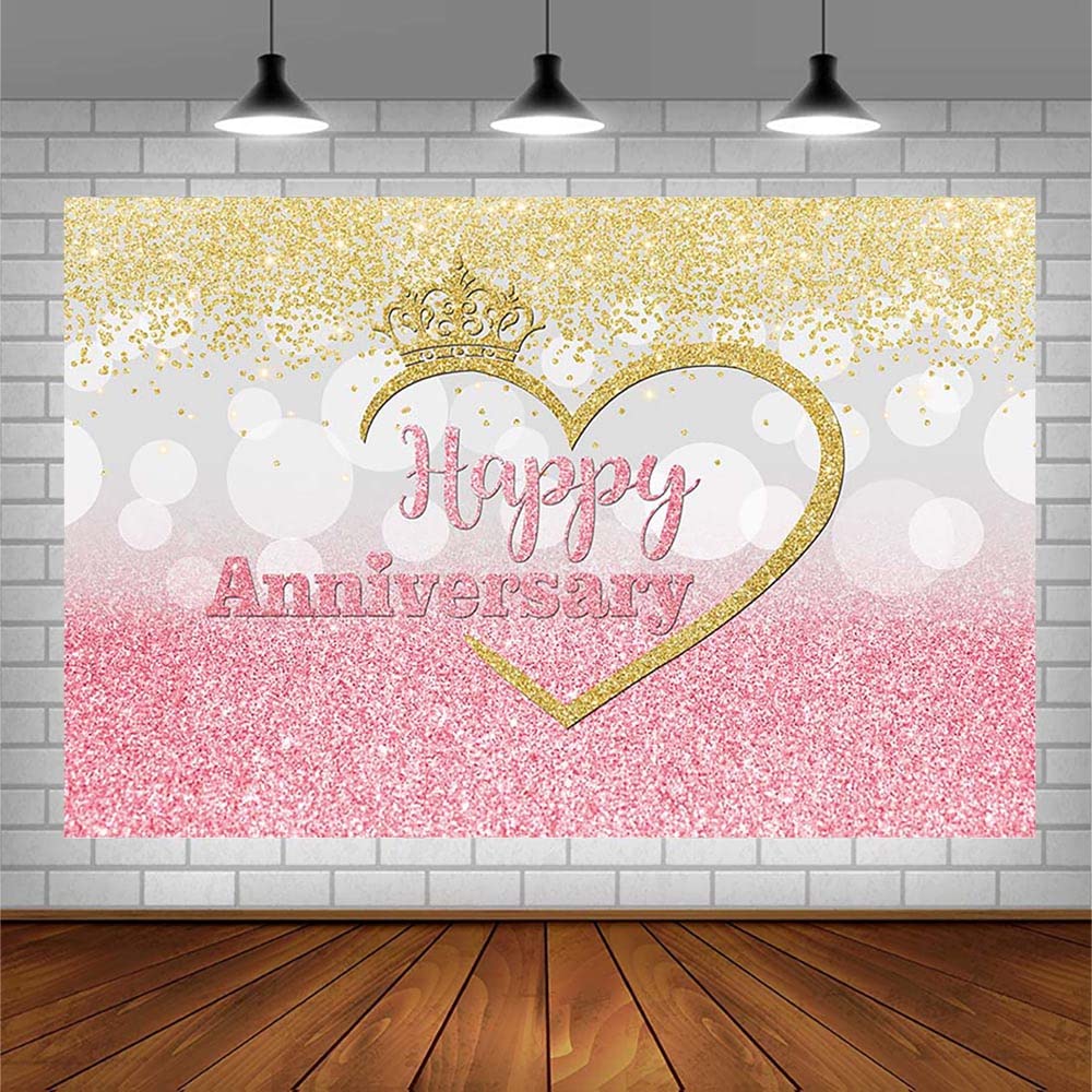 Happy Anniversary Backdrop - Pink Silver Gold Glitter Vinyl Photo Booth Background for 1st, 10th, 50th Wedding Anniversary Decor (7x5ft) | Couple Cheers Crown Design | Party Photography Studio Props | Perfect for Wedding Celebrations, Photo Shoots & Anniversary Parties
