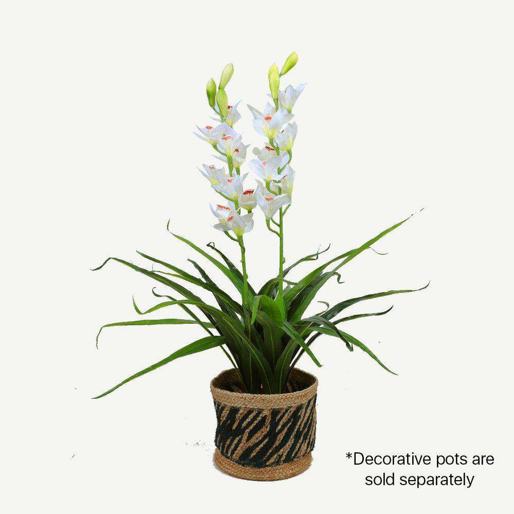 100cm Faux Artificial Silk Cymbidium Orchid Plant - Red & White Home Decor Potted Flower for Living Room, Office, Wedding Centerpiece Decorations