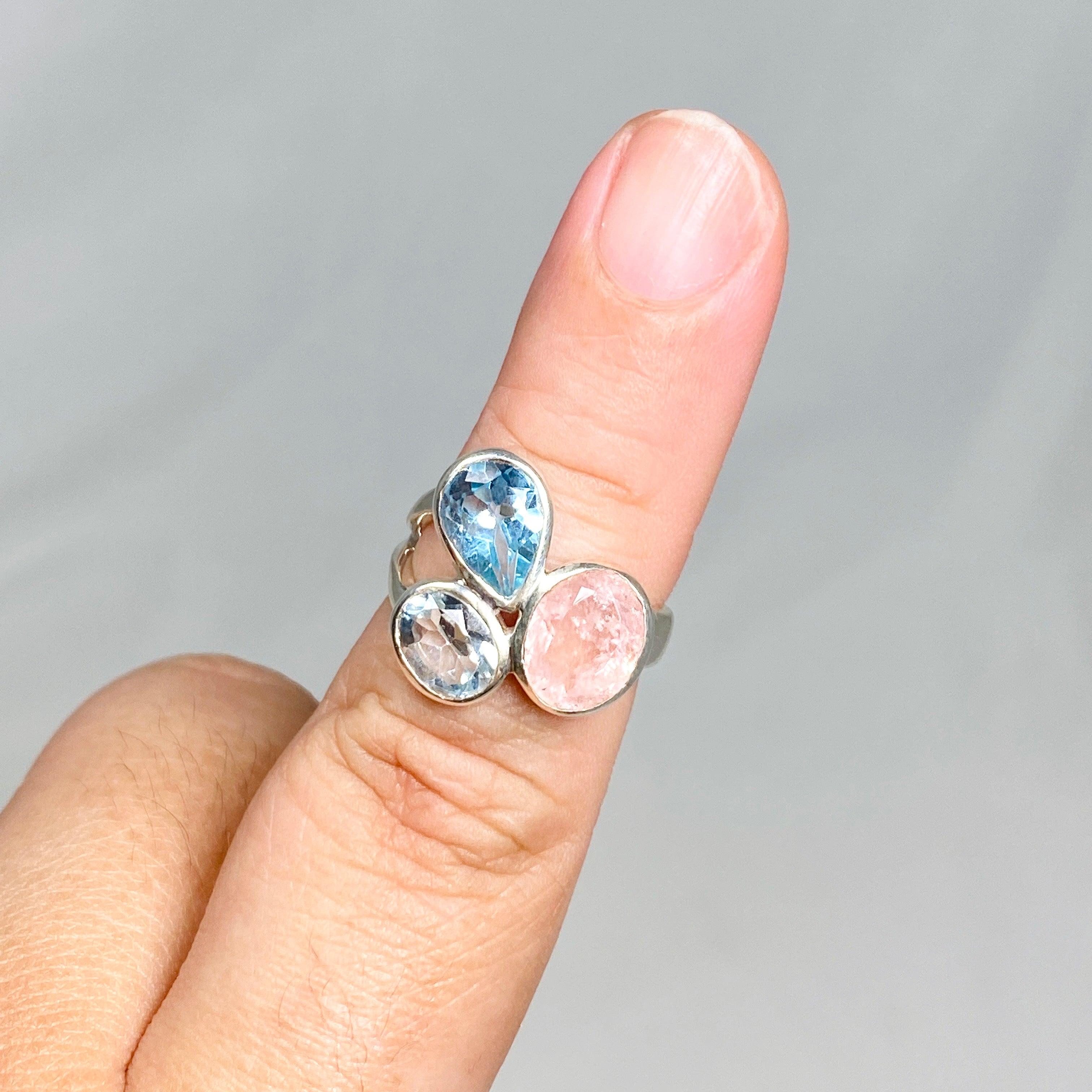 Morganite & Blue Topaz Faceted Multi-Stone Ring - Size 7 | Elegant Birthstone Jewelry for Women | Perfect for Anniversaries, Engagements & Special Occasions