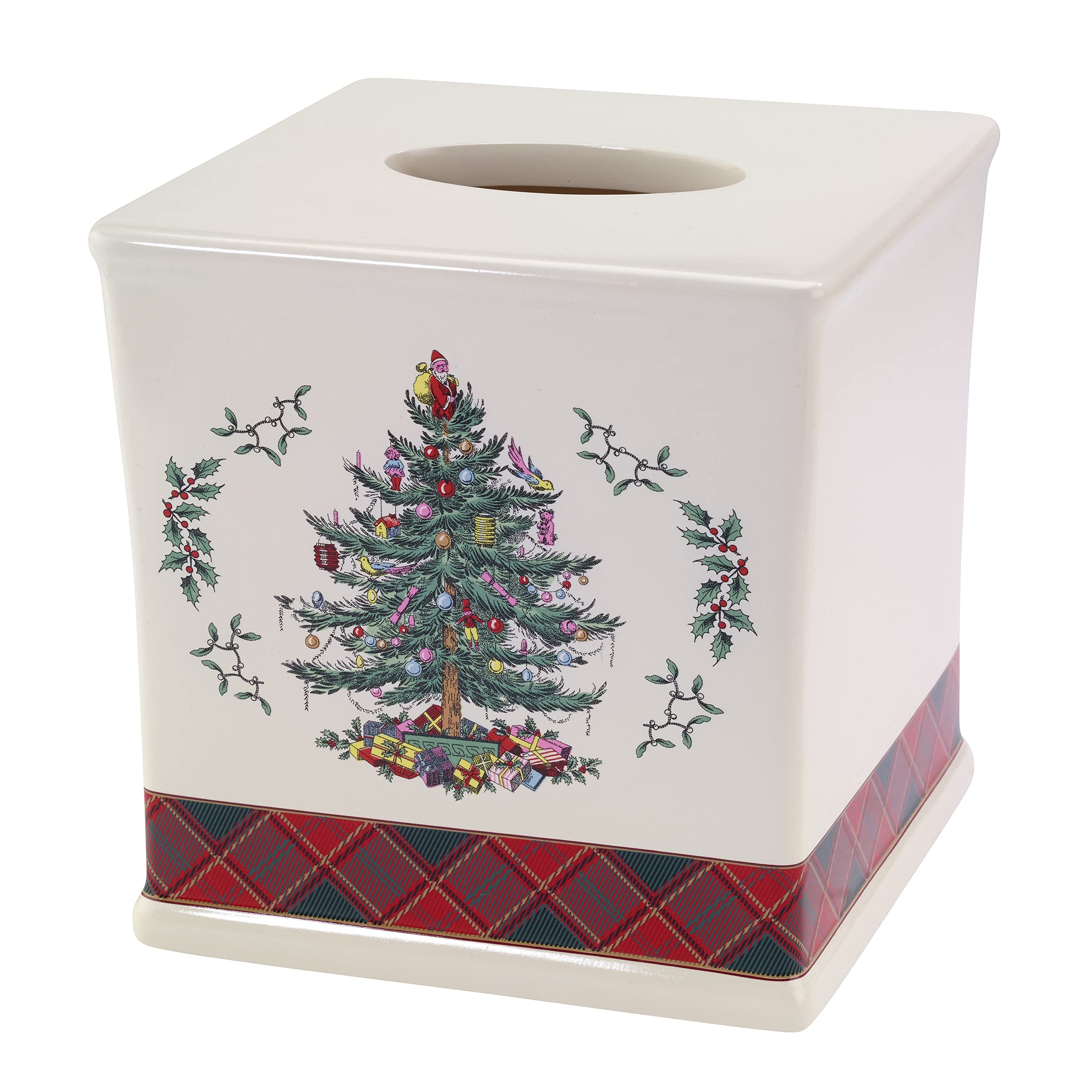 Spode Christmas Tree Tartan Tissue Box Cover - Elegant Resin Bathroom Accessory Set, Holiday Home Decor for Christmas - Perfect for Bathroom Countertops, Guest Rooms & Festive Seasonal Styling