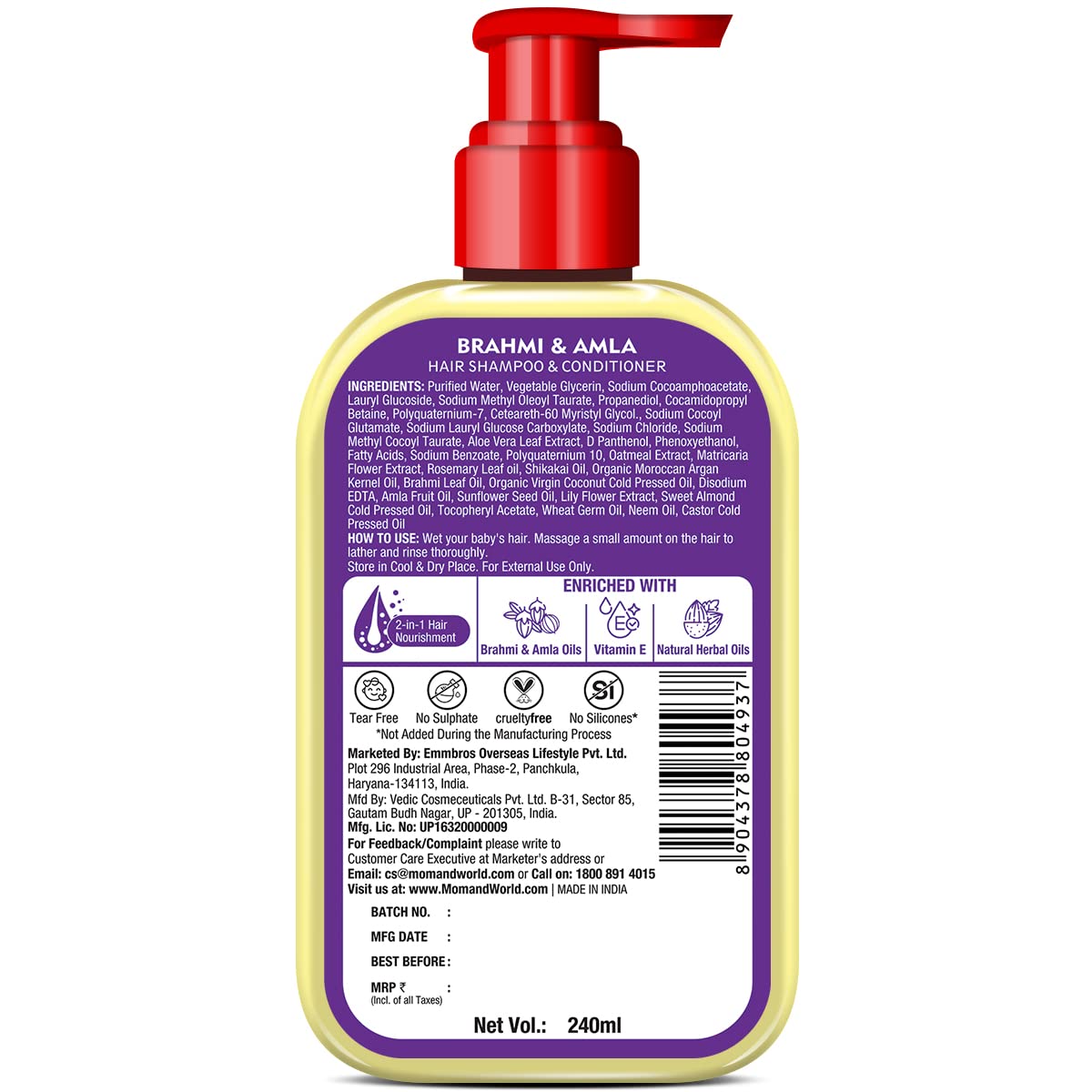 Kidsy Brahmi & Amla Hair Shampoo & Conditioner for Children - 240ml | Natural Ingredients with Brahmi, Amla, Coconut, Almond & Castor Oils | Sulfate-Free & Dermatologist Tested | Gentle Hair Care for Kids | Perfect for Daily Use & Sensitive Scalps