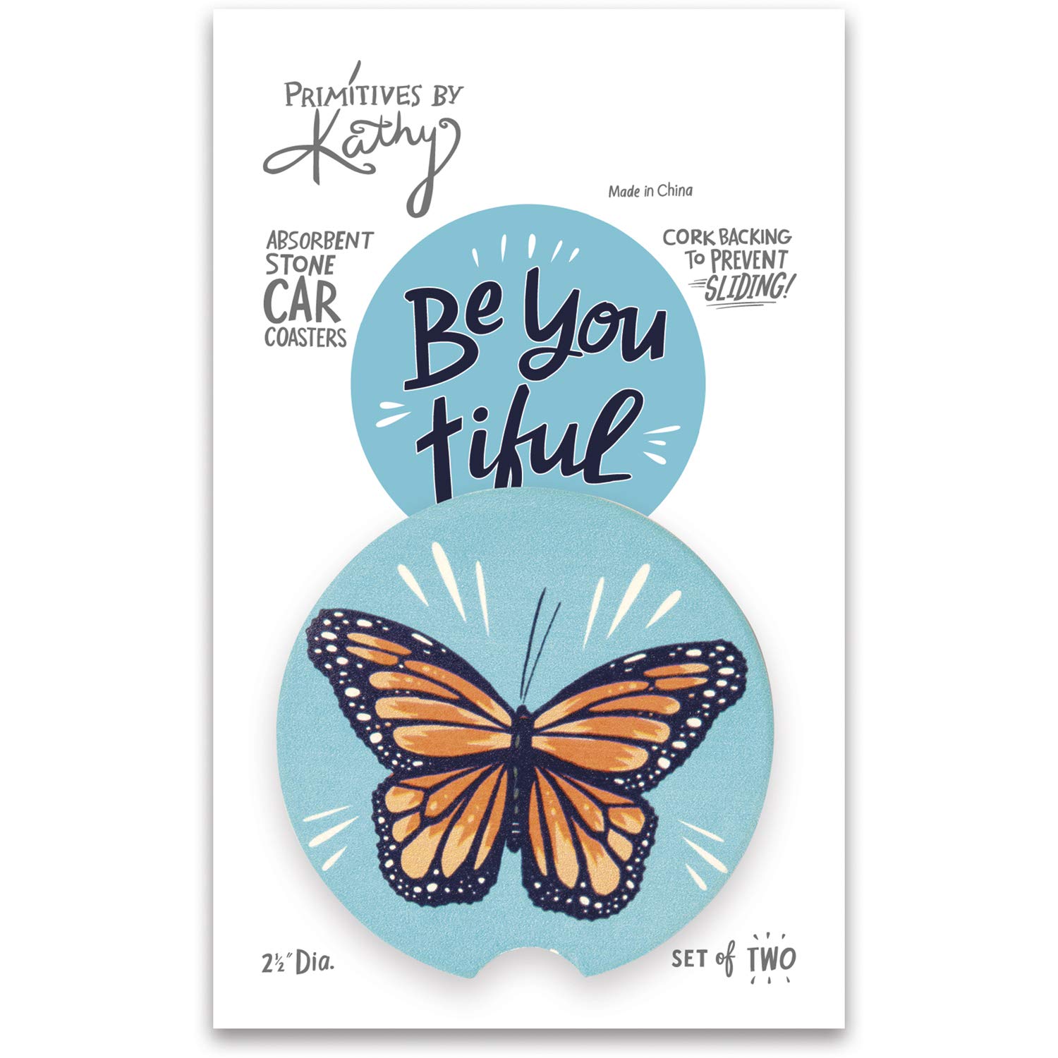 Primitives by Kathy Car Coasters - Be You Tiful Set of 4 | Absorbent Ceramic Tile Coasters for Cars & Home | Perfect for Coffee, Tea & Drink Protection