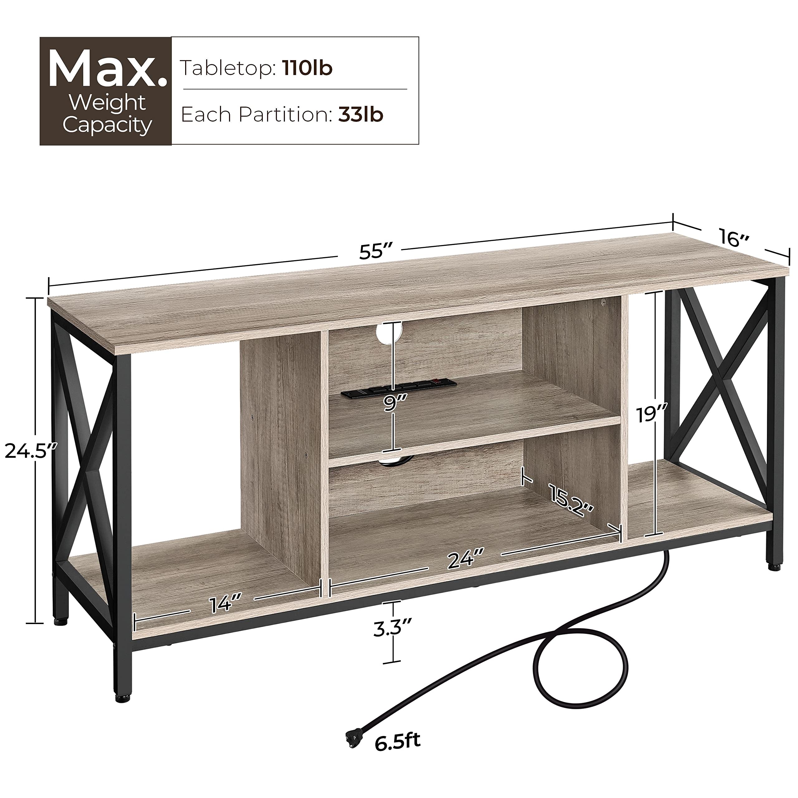 Yaheetech 65 Inch TV Stand with Power Outlets, Industrial Style Entertainment Center & Media Console with Open Storage Shelves - Modern TV Cabinet for Living Room, Bedroom, Home Theater (Gray) - Perfect for Organizing Electronics & Enhancing Home Decor