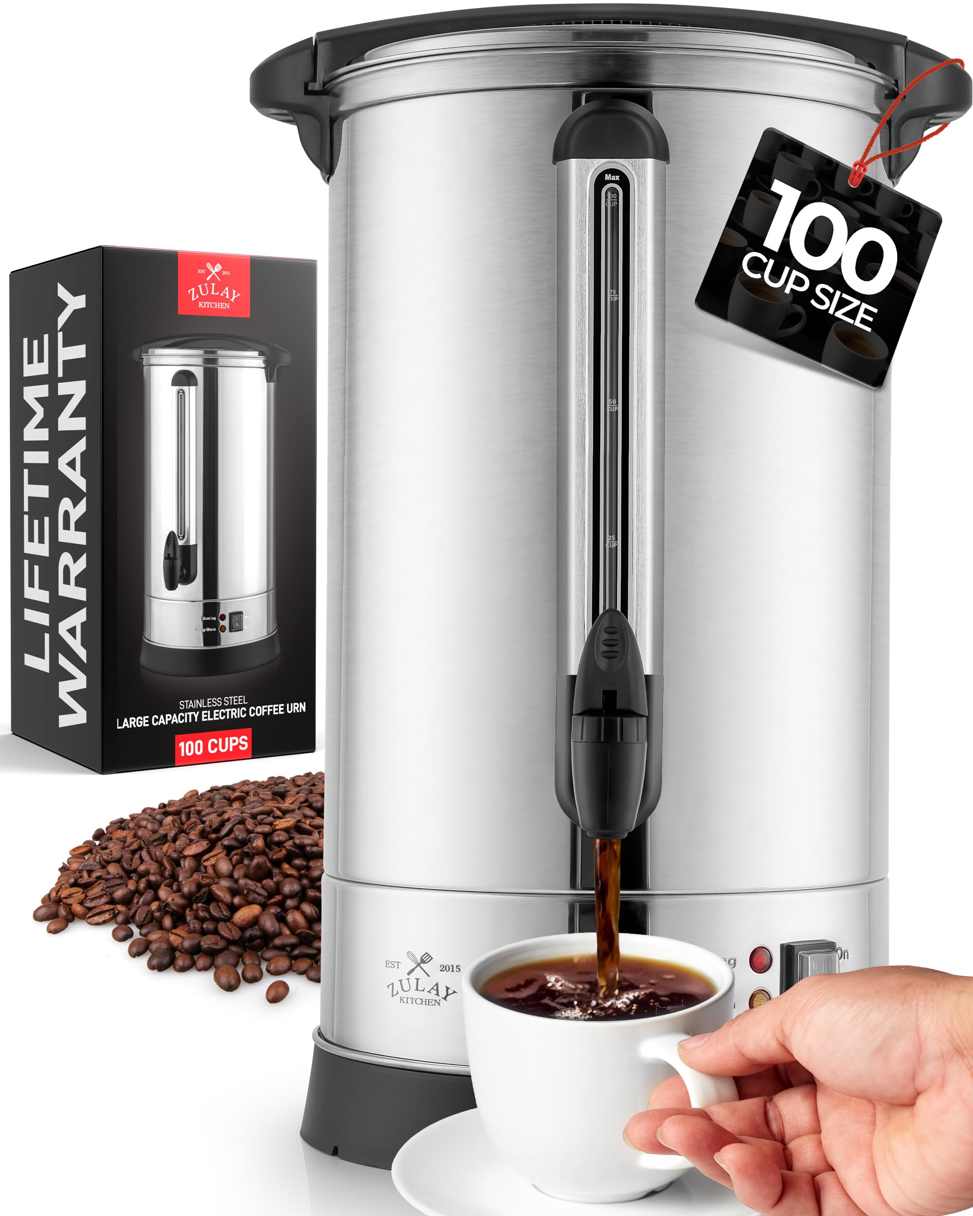 Zulay 100-Cup Commercial Coffee Maker - Stainless Steel Large Percolator Pot with Quick Brew & Heat Retention - Ideal for Coffee, Tea, Water & Beverages at Events, Catering, Offices & Restaurants - Silver