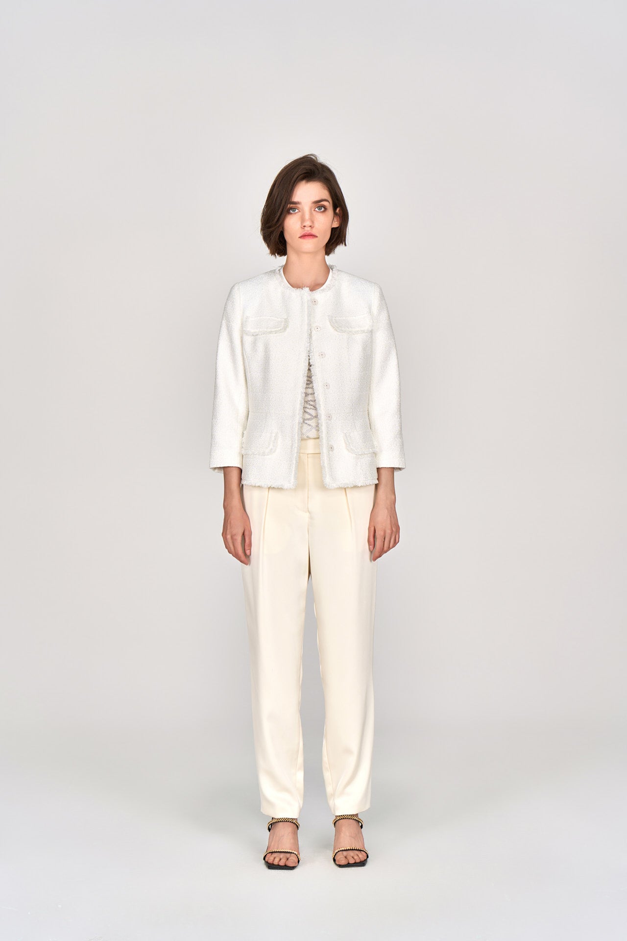 Stylish White Tweed Jacket with Four Pockets - Women's Classic Blazer for Office, Dating & Formal Events