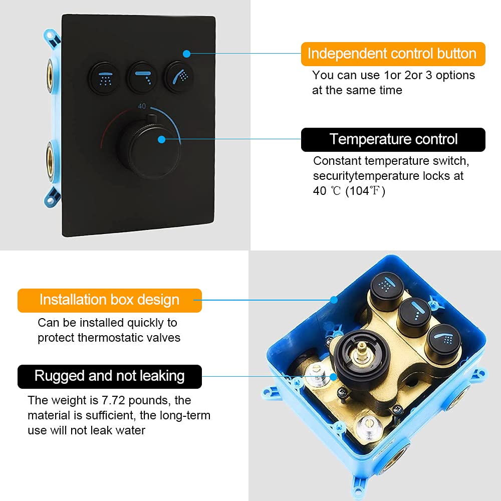 3 Way Shower Mixer Valve Kit - Modern Push Button Thermostatic Shower Diverter Valve with Concealed Brass Faucet | Rough-in Valve Replacement for Shower Head Water Flow Control | Perfect for Bathroom Renovation & Spa-Like Shower Experience (Black)