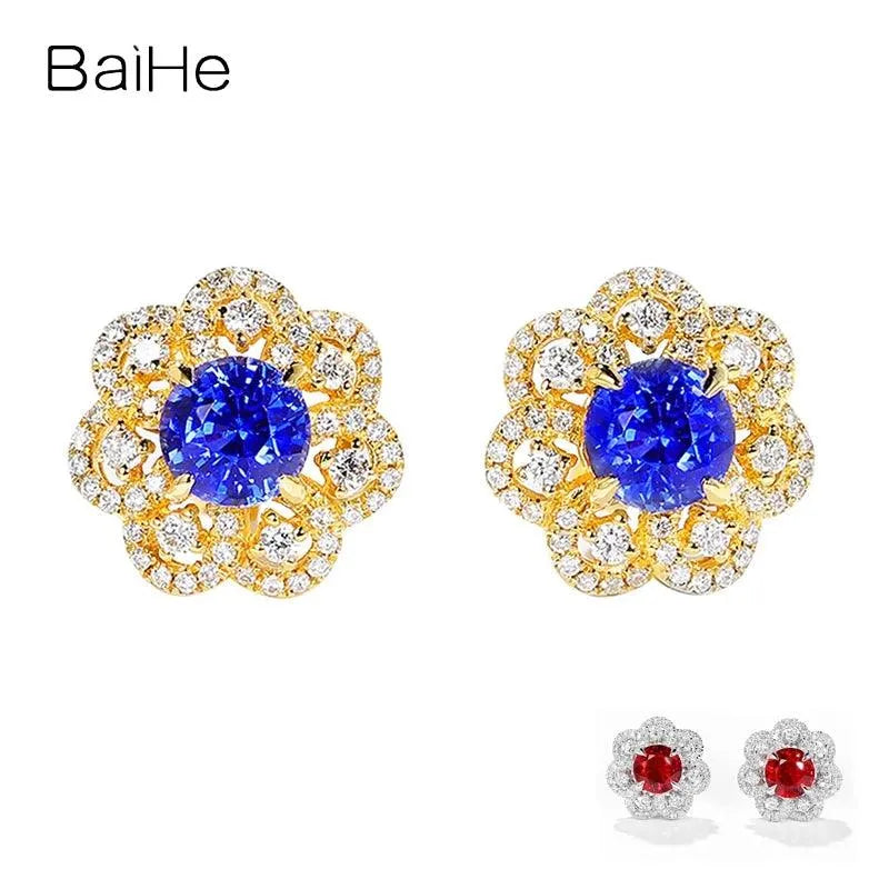 14K White Gold Natural Ruby & Sapphire Flower Stud Earrings for Women - Diamond Accent Fine Jewelry - Perfect for Weddings, Anniversaries & Special Occasions