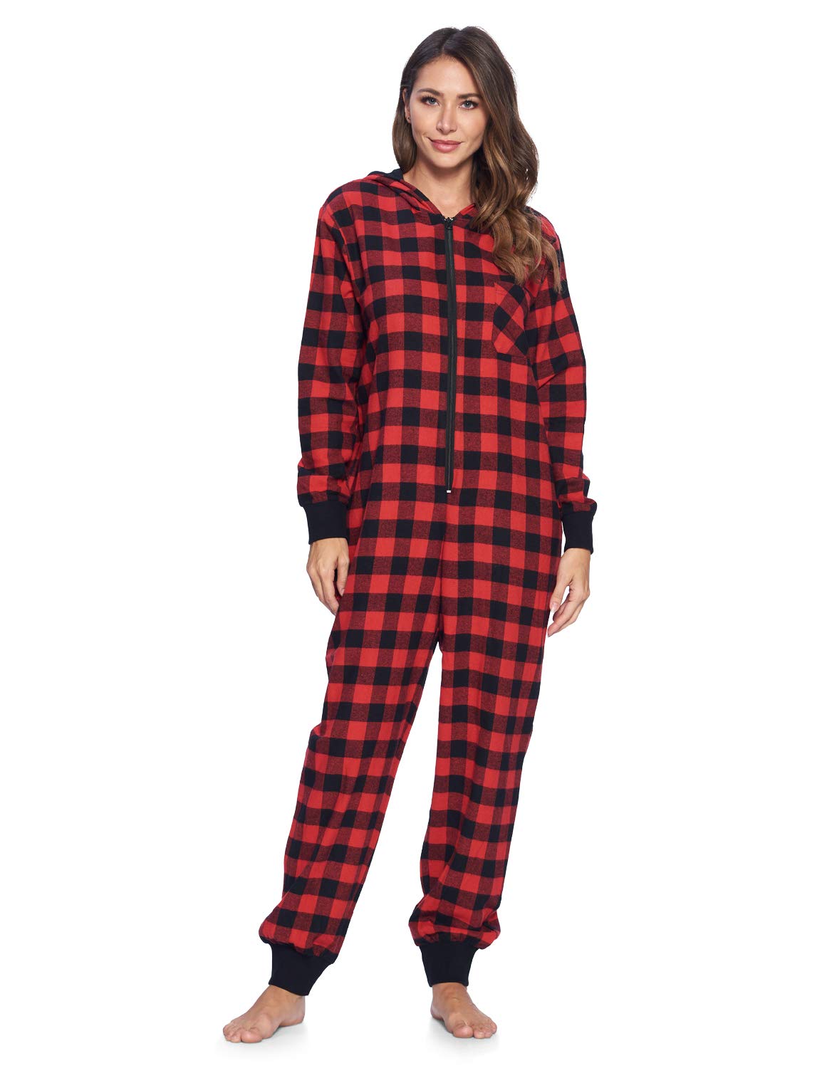 Ashford & Brooks Women's Flannel Hooded One Piece Pajama Union Jumpsuit - Cozy Winter Sleepwear for Women, Soft Fleece Lounge Wear, Warm Hooded Onesie for Home, Christmas & Holiday Comfort