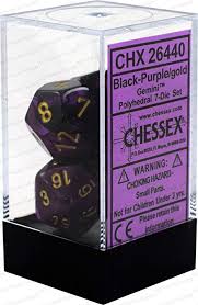 Chessex Polyhedral 7-Dice Set - Gemini Style Black & Purple with Gold Accents for D&D, RPG, and Tabletop Gaming