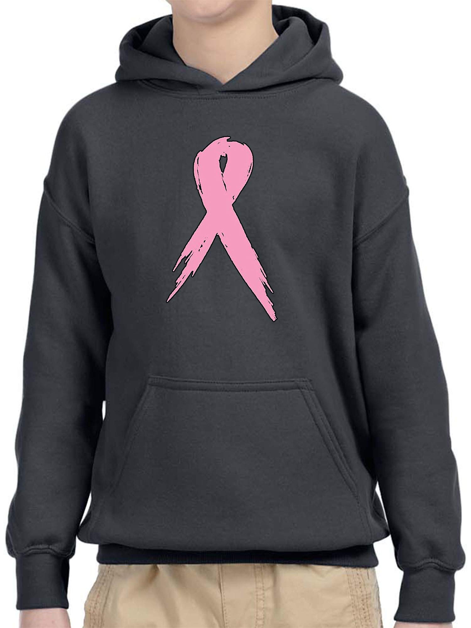 True Way 796 Youth Hoodie - Pink Ribbon Breast Cancer Awareness Unisex Pullover Sweatshirt, Charcoal XL | Comfortable Casual Wear for School, Sports & Charity Events