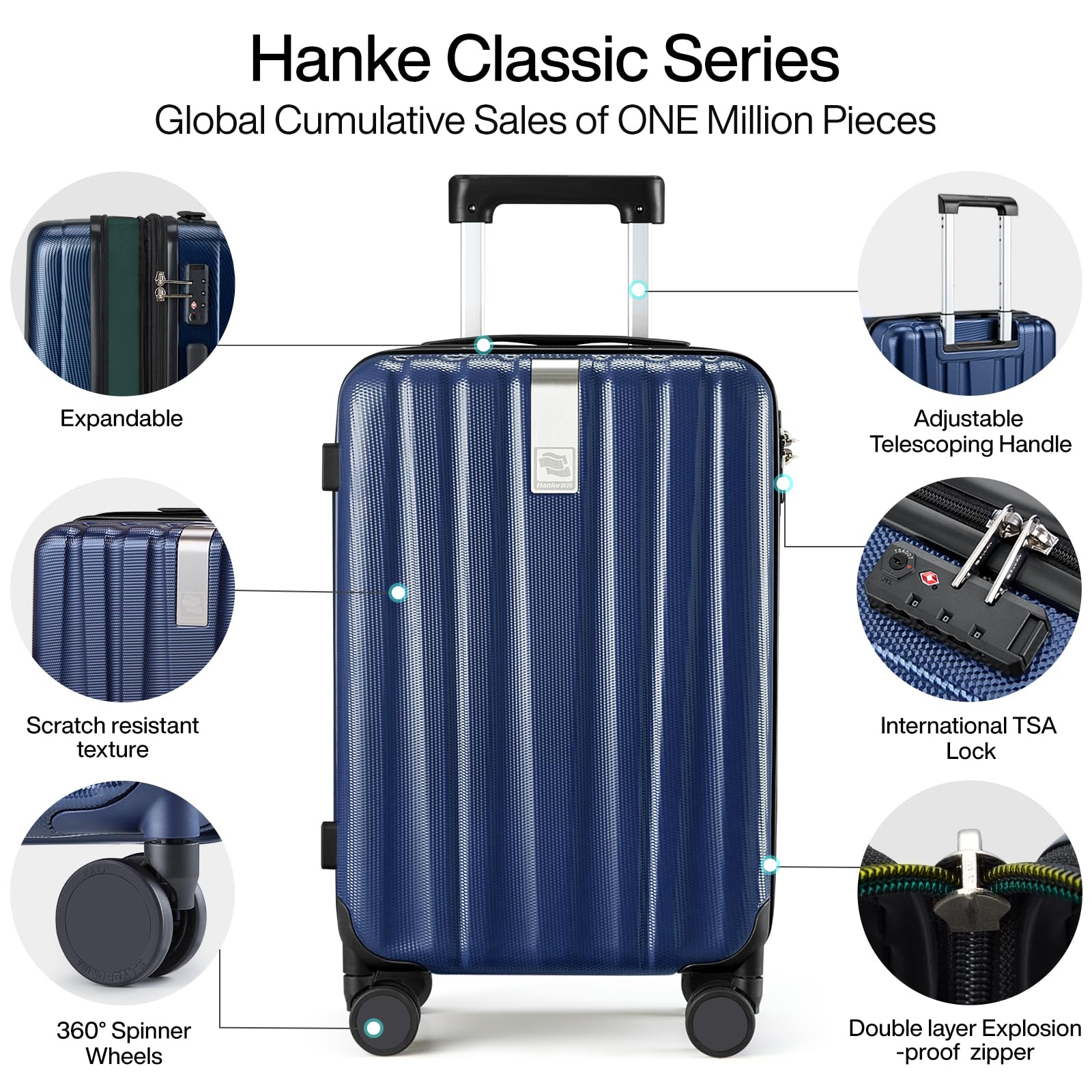 Hanke 20 Inch Expandable Carry on Luggage - Airline Approved Lightweight PC Hard Shell Suitcase with 360° Spinner Wheels, TSA Lock - Perfect for Business Travel & Weekend Getaways (Dark Blue)