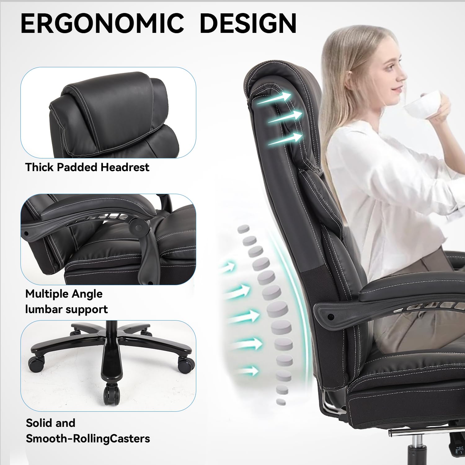 Premium KCREAM Reclining Office Chair with Footrest - Heavy Duty Big & Tall Executive Chair, 400lbs Capacity - Ergonomic Adjustable Back Support & Swivel for Home, Office & Gaming Use