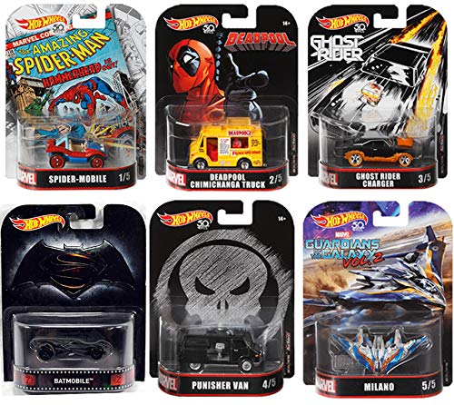 Marvel & DC Comics Collectible Cars Bundle - Punisher Van, Deadpool Truck, Spider-Mobile, Ghost Rider Charger, Guardians Milano & Batmobile (6-Piece Set) | Retro Superhero Vehicle Collection for Display & Gifting