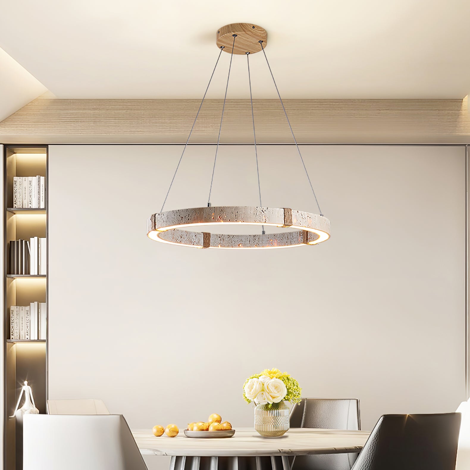 Modern Circle Travertine Pendant Light - Natural Stone Hanging Lamp for Dining Room, Kitchen Island & Living Room Decor