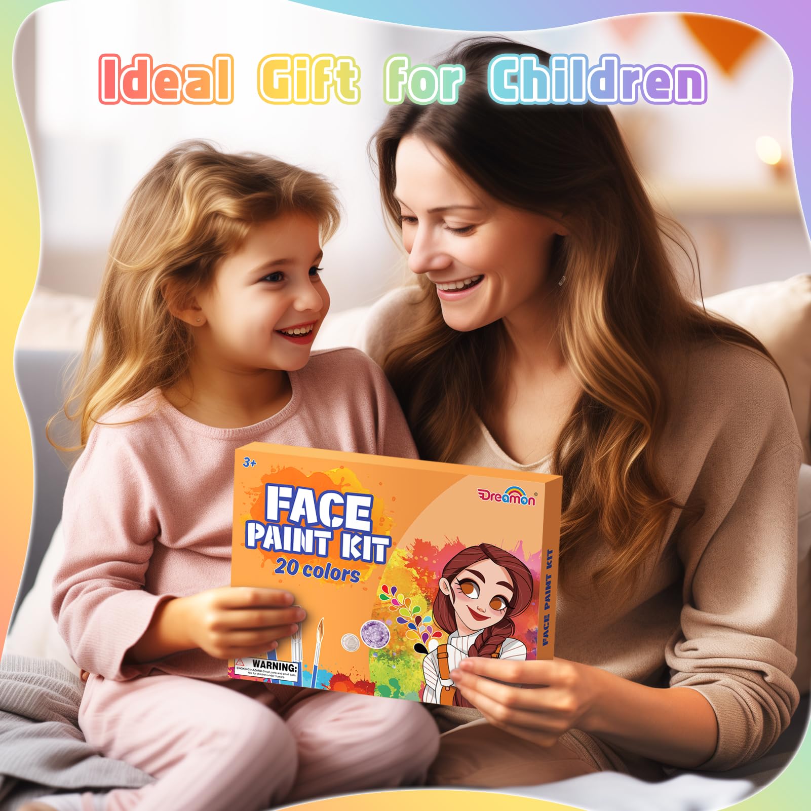 Dreamon Kids Face Paint Kit - 15 Vibrant Colors, 6 Stickers, 3 Stencils & Foldable Makeup Cube | Safe Non-Toxic Halloween, Carnival, Christmas Makeup for Girls | Perfect for Birthday Parties, School Events & Costume Dress-Up