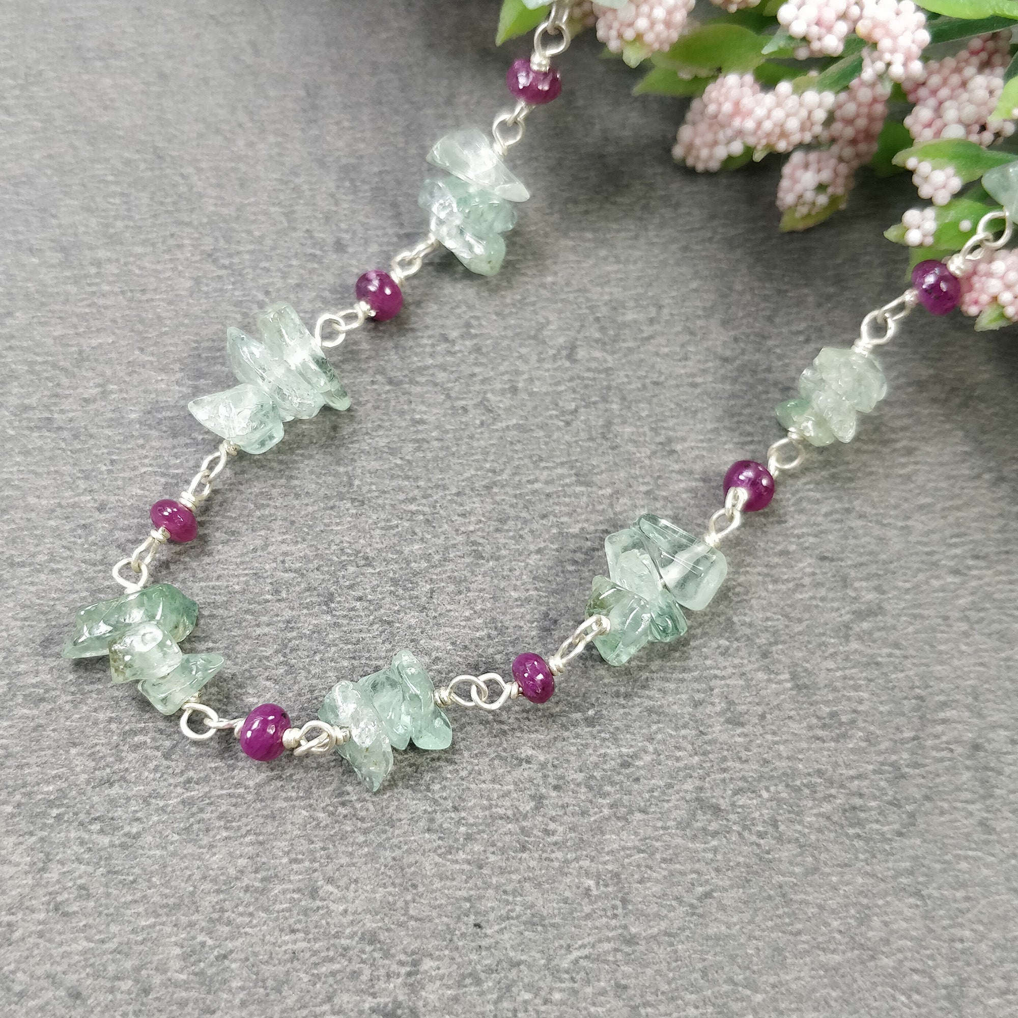 Natural Raw Uncut Emerald & Ruby Gemstone Beads Necklace - 925 Sterling Silver Chain, 16 Inch Statement Jewelry Gift for Women | Perfect for Weddings, Parties & Special Occasions