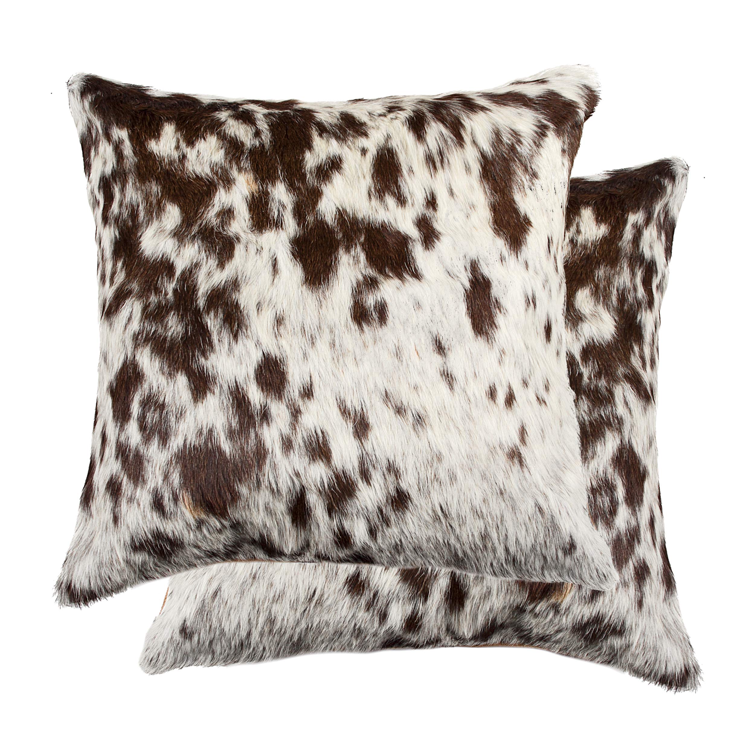 Premium Set of 2 Handmade 100% Natural Torino Cowhide Throw Pillows with Polyester Insert - 18x18 Inch Chocolate & White Accent Cushions for Sofa, Bed, Living Room Decor
