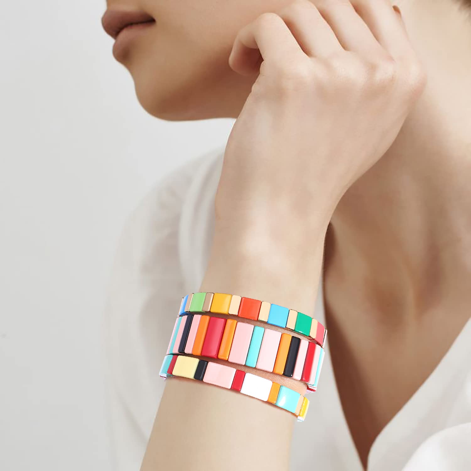 METOBAR Enamel Tile Tila Bracelets Set - Multicolor Bohemian Beaded Stretchy Elastic Bracelets for Women, Handmade Stackable Jewelry - Perfect for Festivals, Beach, and Boho Fashion