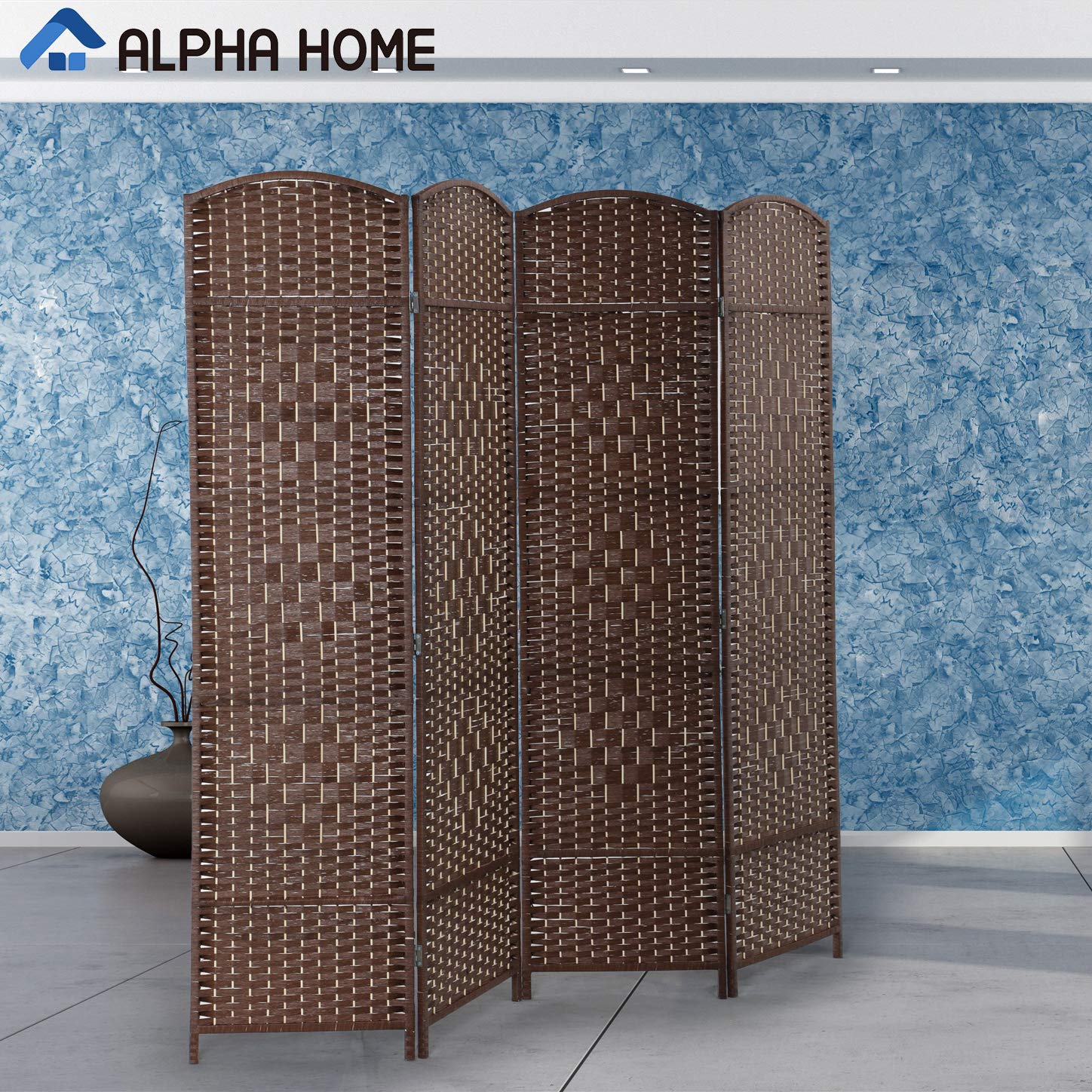 ALPHA HOME 6FT Woven Room Divider - 4 Panel Portable Folding Privacy Screen with Double Hinges, Freestanding Shoji Style Partition for Living Room, Hall, Parlor - Blackout Blinds for Home Office & Bedroom Privacy