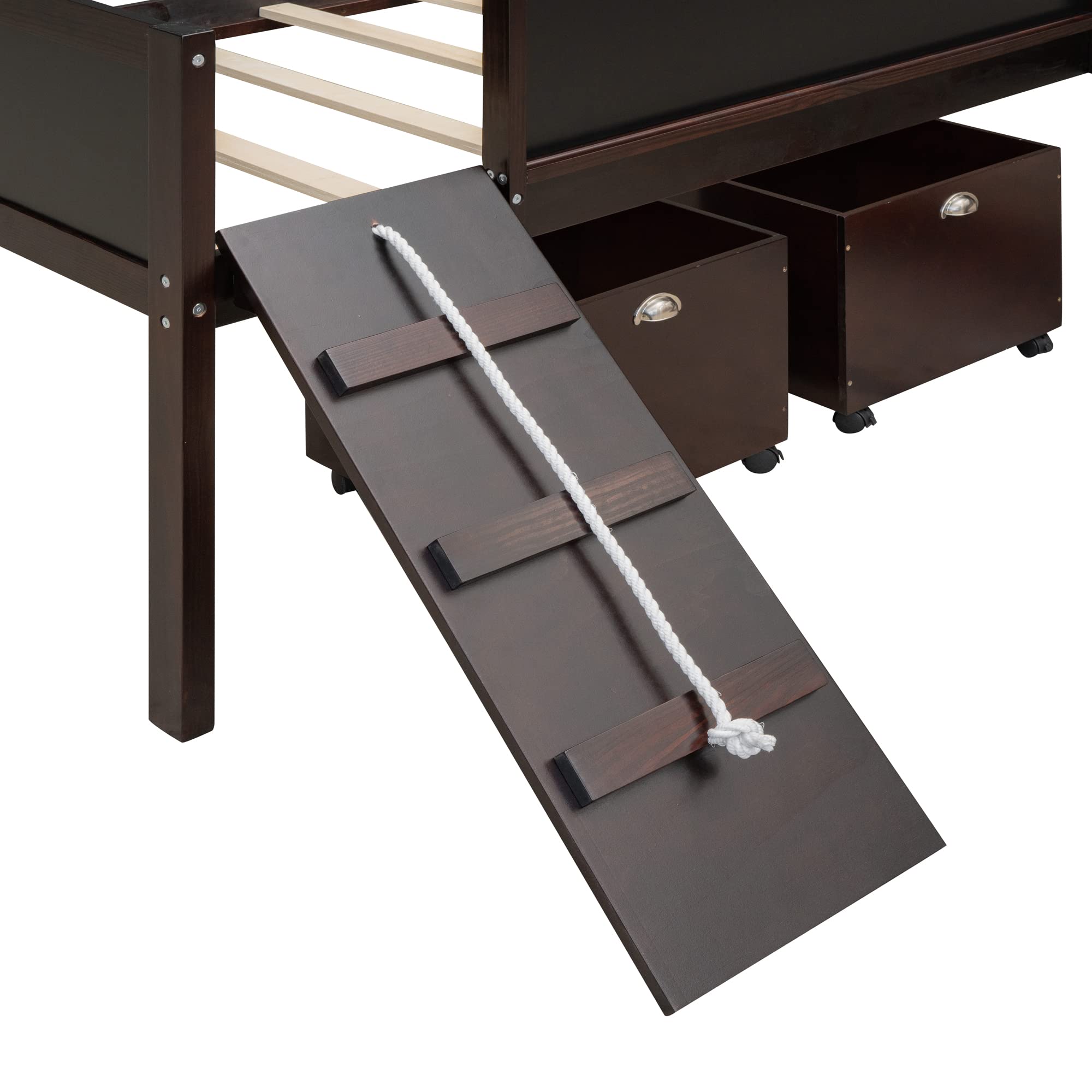**Kids Loft Beds with Slide & Storage - Twin Low Loft Bed Frame with Climbing Ladder, Chalkboard & Storage Boxes - Modern Multifunctional Loft Bed for Boys & Girls - Espresso Finish - Perfect for Small Bedrooms, Playrooms & Kids' Dorm Decor**