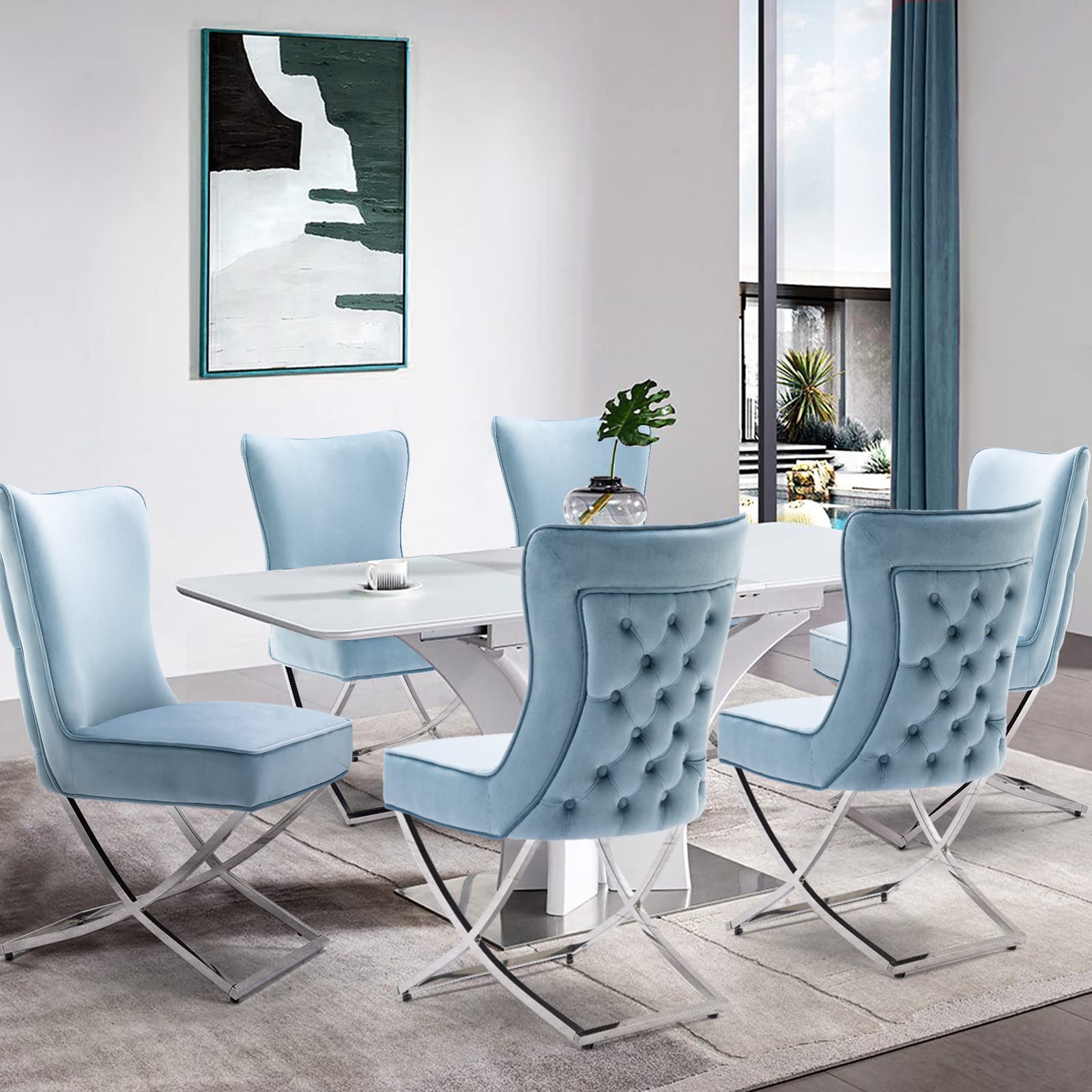 Modern Stainless Steel Legs Velvet Dining Chairs Set of 2 - Royal Blue Upholstered Button Tufted Back Chairs with Solid Piping for Dining Room, Kitchen, Breakfast Nook & Home Decor