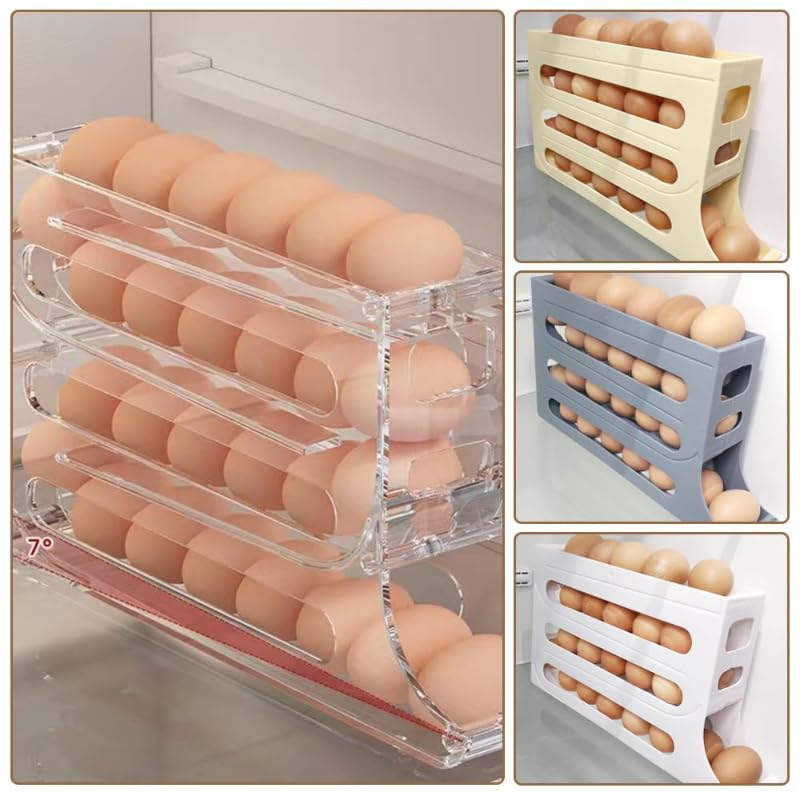 4-Tier Automatic Scrolling Egg Holder for Refrigerator - Large Capacity Space-Saving Egg Dispenser Organizer (30 Eggs) - Transparent Kitchen Storage for Fresh Eggs - Perfect for Breakfast Meal Prep & Baking Needs