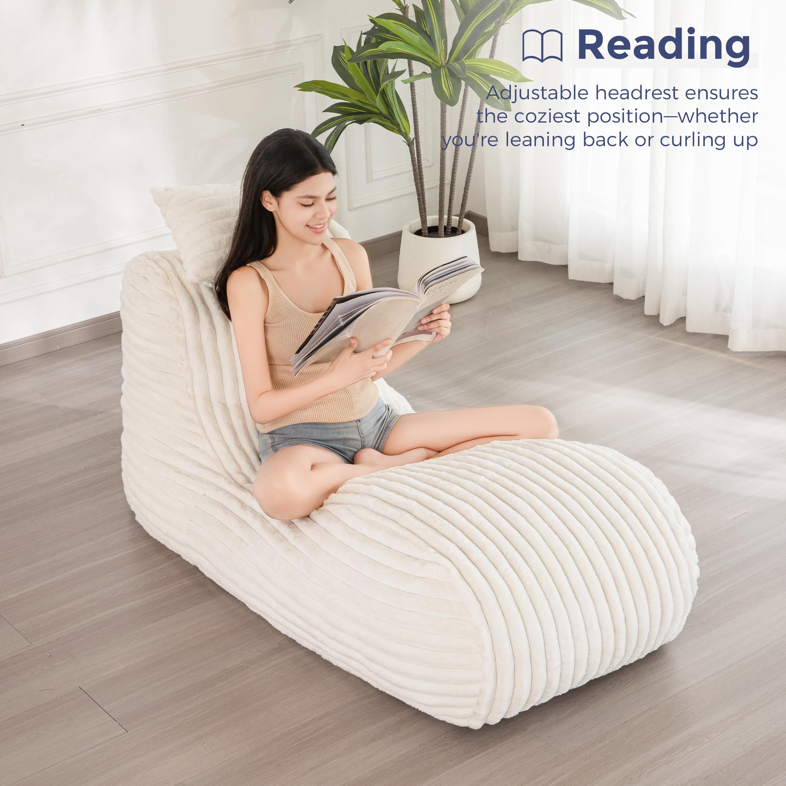 MAXYOYO Chaise Lounge with Pillow - Ergonomic Velvet Fabric Floor Sofa Chair for Bedroom & Living Room | Comfortable Fainting Couch for Relaxing, Reading & Napping (Beige)