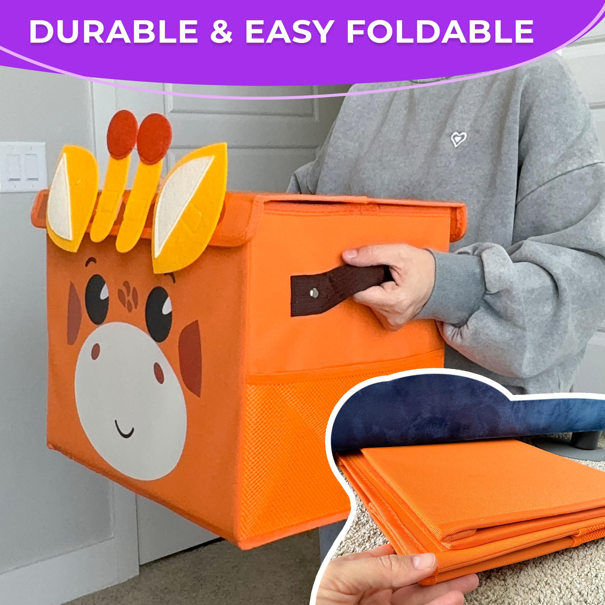 QUOKKA 16x12x10 Inch Giraffe Toy Storage Box with Collapsible Handles & Flip Top Lid - Foldable Fabric Bin for Kids Playroom, Nursery Organization - Perfect for Boys and Girls Toys, Books & Room Decor