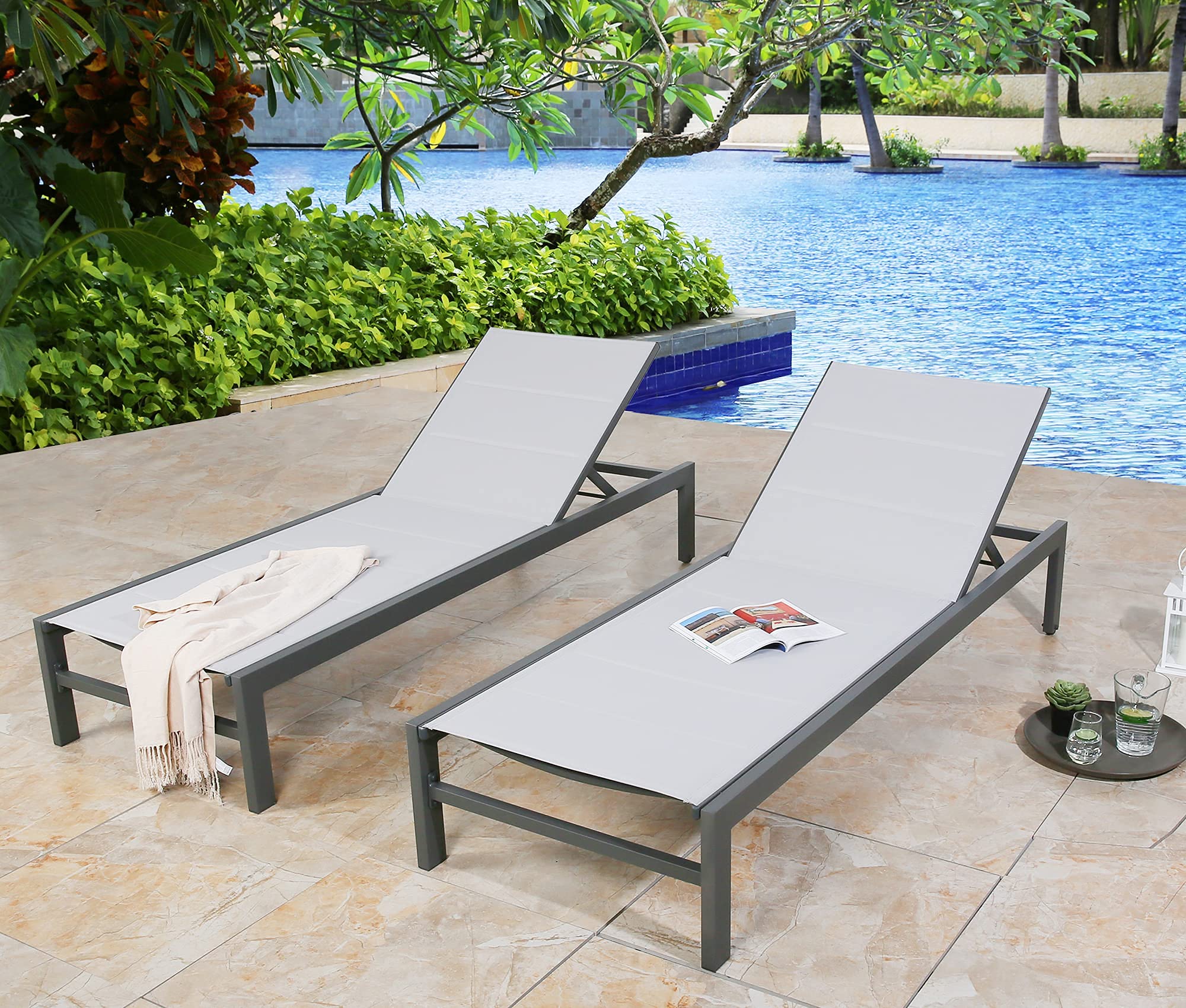 **Ulax Outdoor Chaise Lounge Chair Set of 2 - Light Grey Aluminum Patio Lounge with Wheels, Reclining Poolside & Beach Furniture for Backyard, Balcony, Deck - Perfect for Sunbathing & Relaxing**