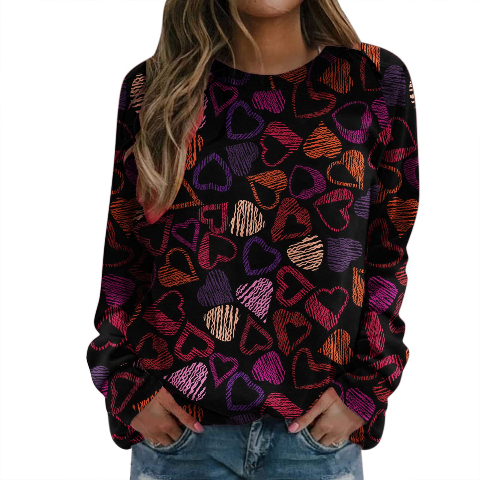 Valentine's Day Print Women's Crewneck Long Sleeve Sweatshirt - Casual Blouse Top for Valentine's Date, Gift, Party & Everyday Wear