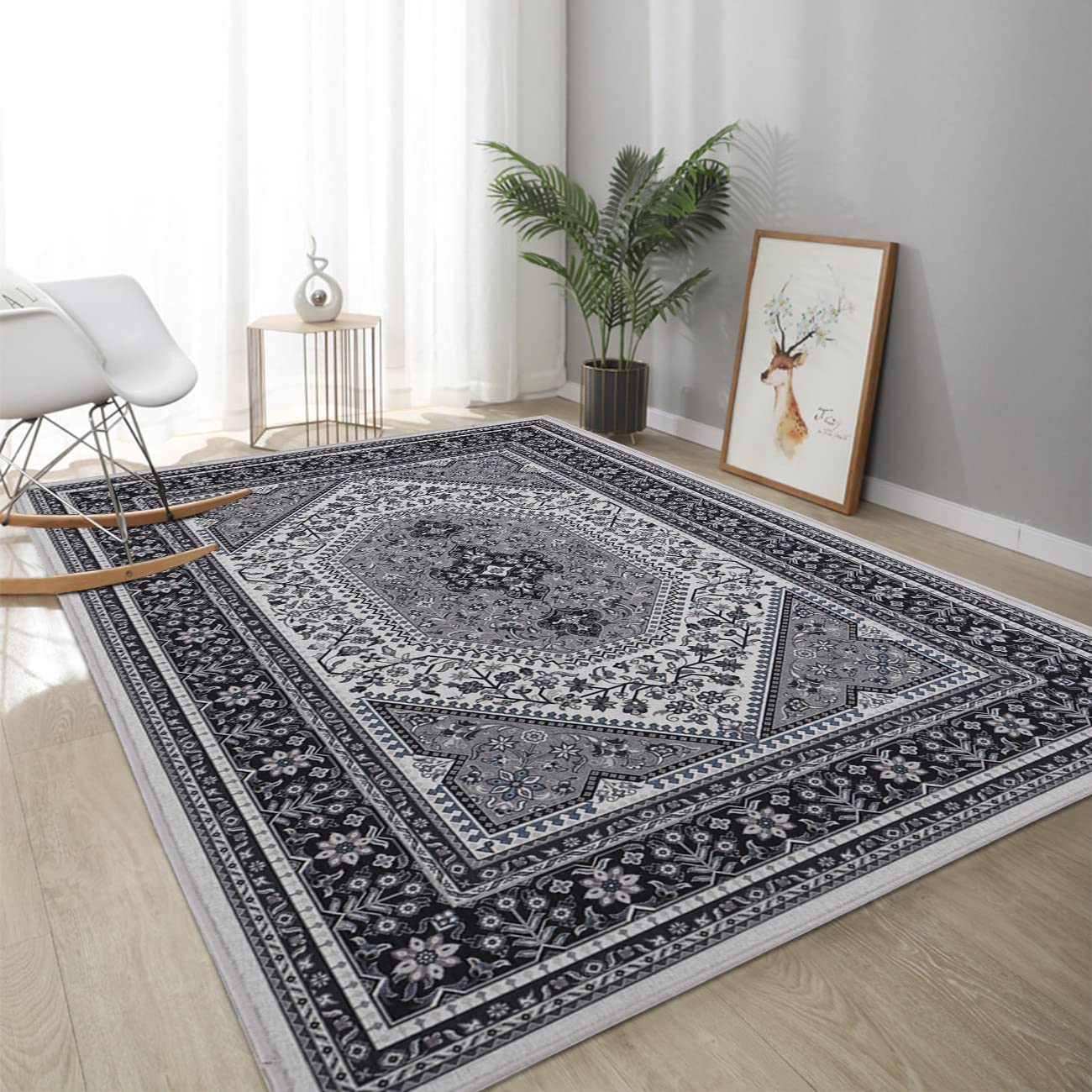 Vintage Bohemian Non-Slip Area Rug - Distressed Floral Medallion Oriental Throw Carpet 3’x5’ Black | Perfect for Entryway, Bedroom, Bathroom & Kitchen Decor