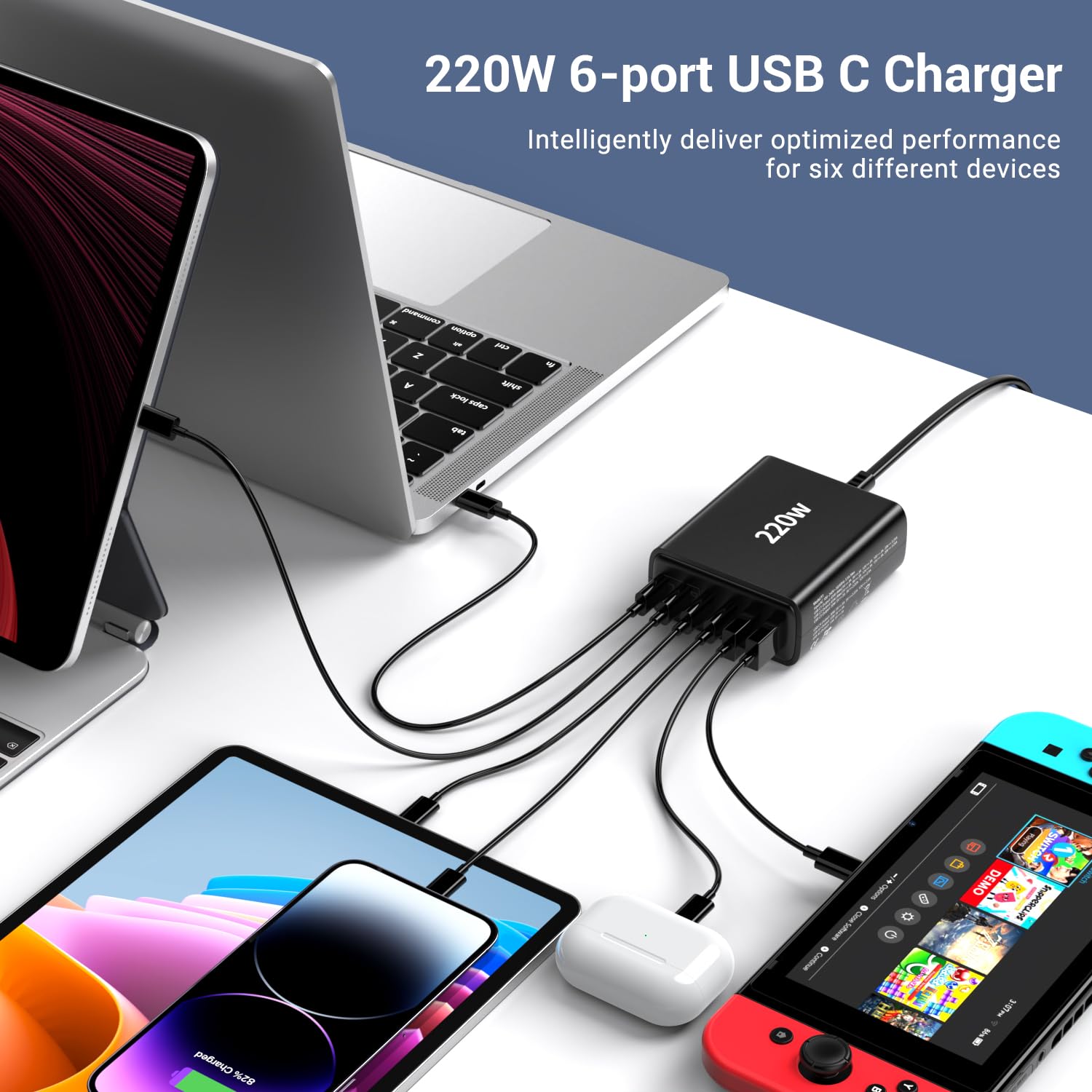 FINIBO 220W 6-Port USB C Fast Charger with PD & QC 3.0 - 4 USB-C & 2 USB-A Ports Multi Charging Station for iPhone 15, Samsung Galaxy, iPad Pro, MacBook, Laptop - Perfect for Home, Office & Travel Charging Needs