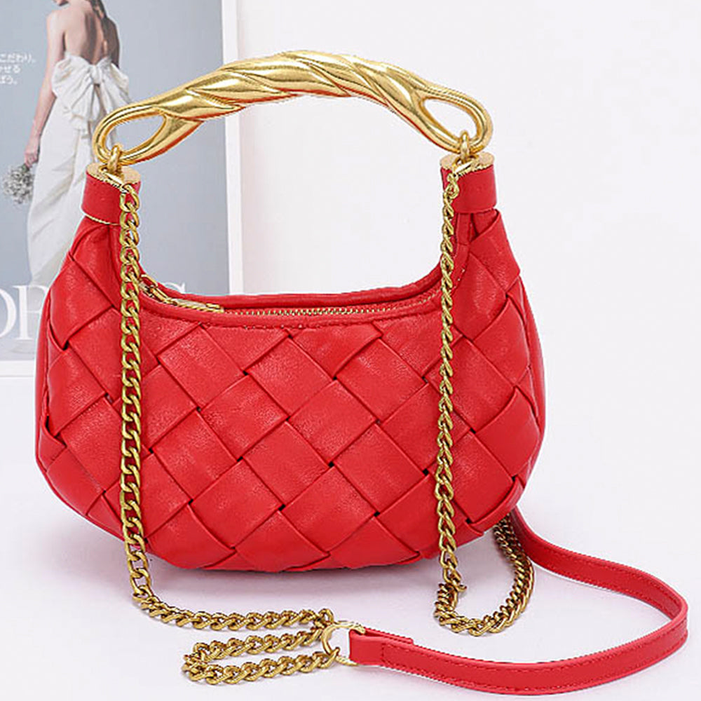 Red & Gold Faux Leather Braided Metal Handle Handbag - Stylish Crossbody Purse for Women, Perfect for Parties, Weddings & Evening Events