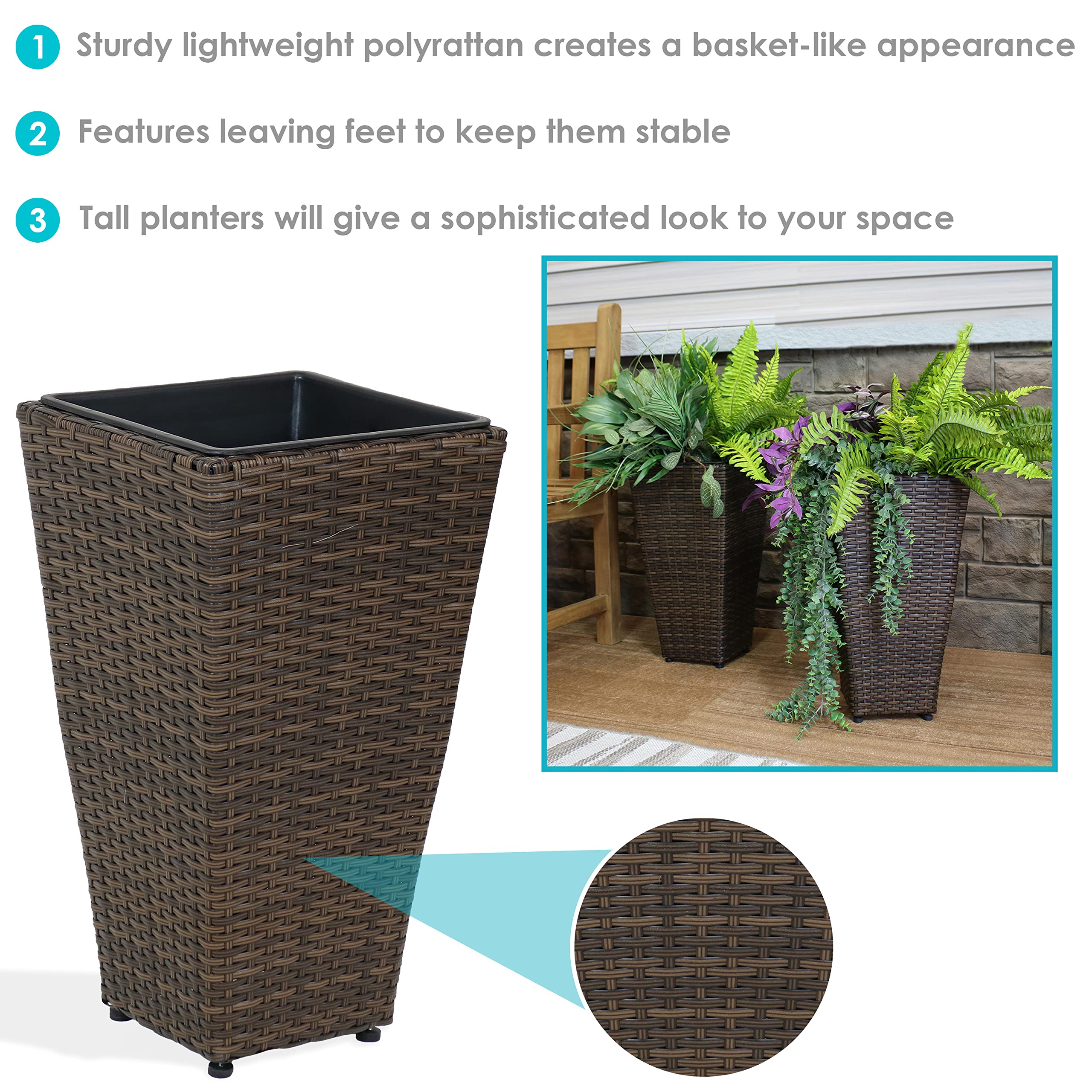 20-Inch Tall Square Polyrattan Indoor/Outdoor Planters - Set of 2 in Brown - Perfect for Patio, Garden, and Home Decor