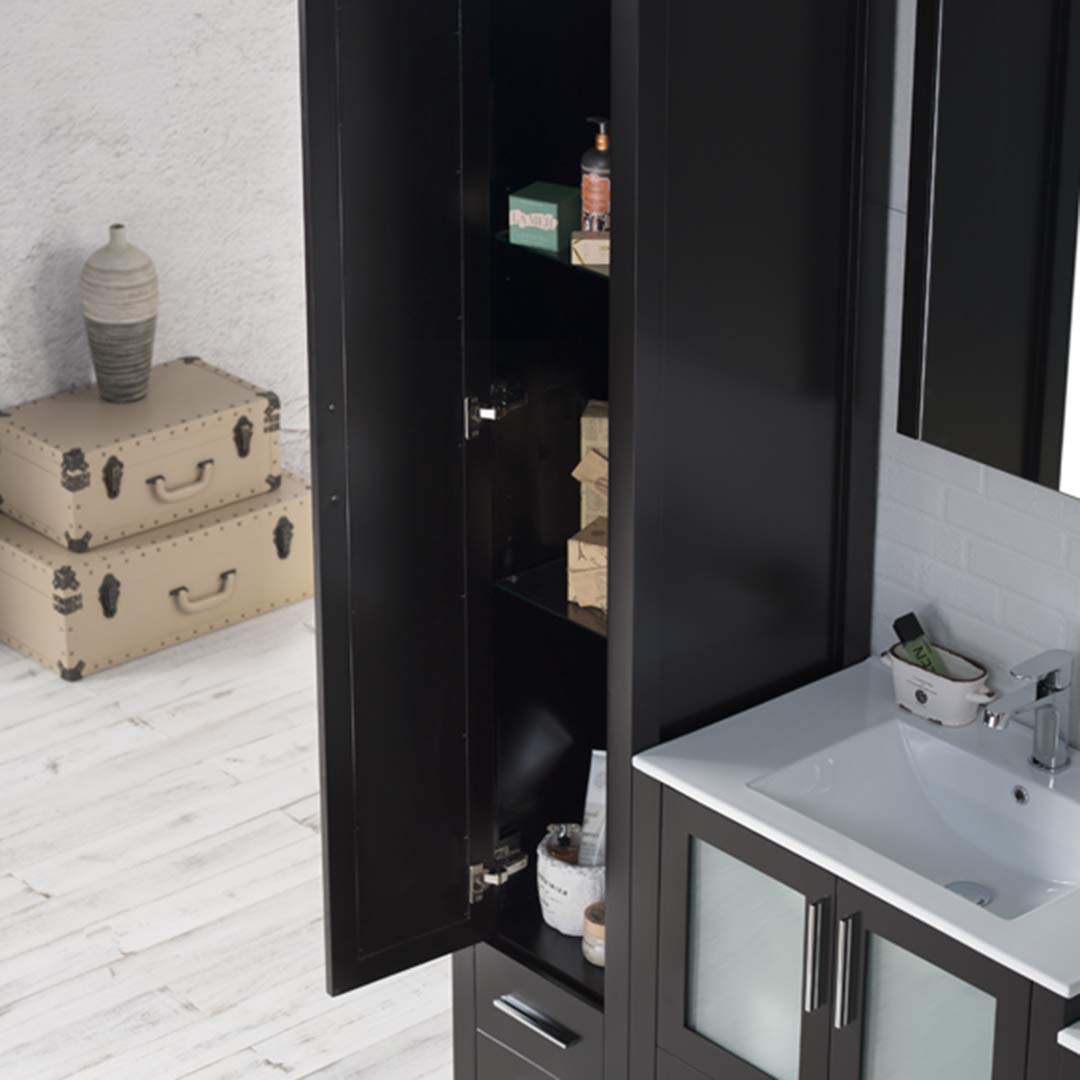 102-Inch Espresso Wood Double Ceramic Sink Bathroom Vanity with Side Cabinet & Mirrors - Modern Bathroom Storage Solution for Master Bath or Guest Bath Remodel