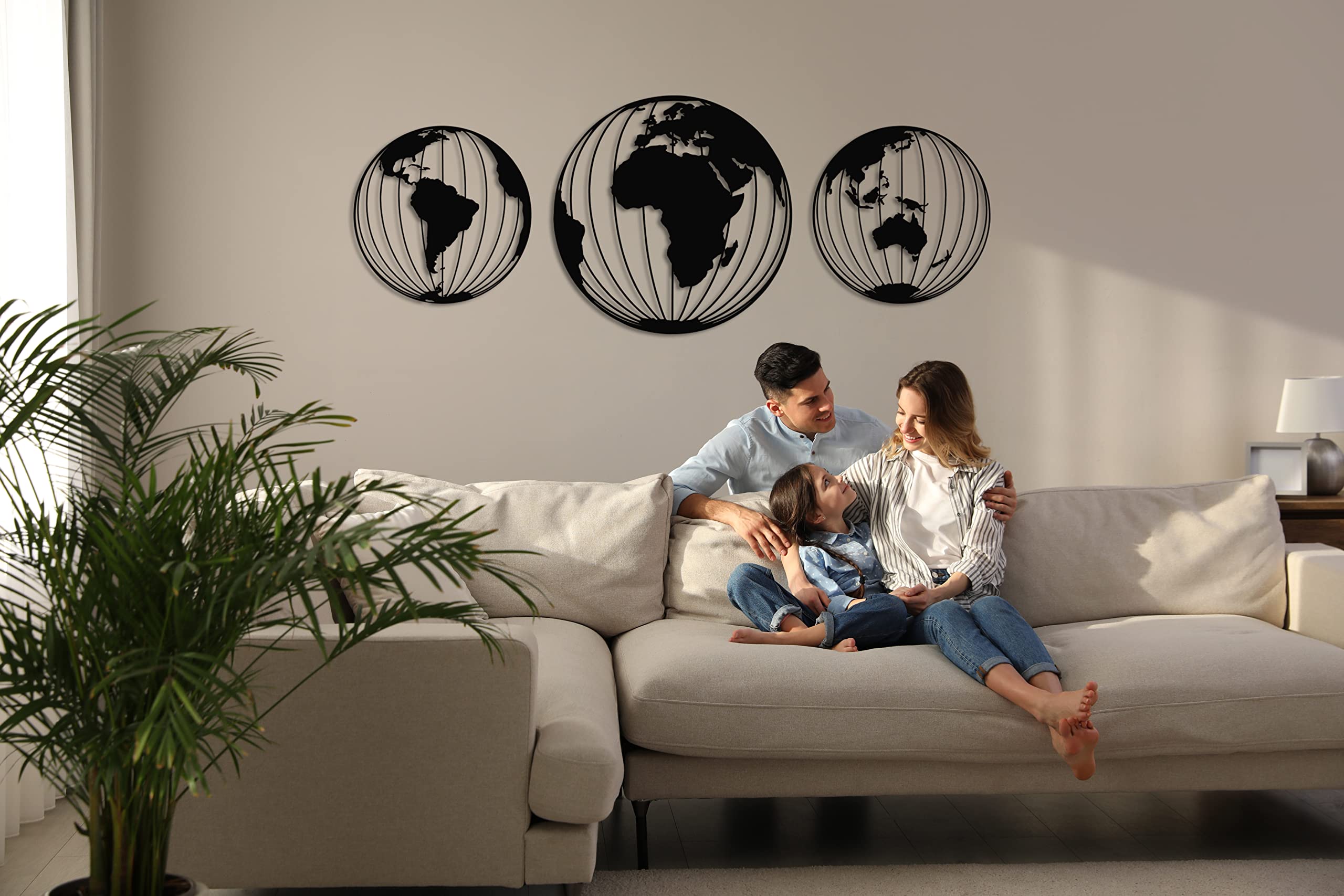 DEKADRON Metal World Map Wall Art - 3 Piece Set of Metal Globe Wall Decor for Home & Office - 28