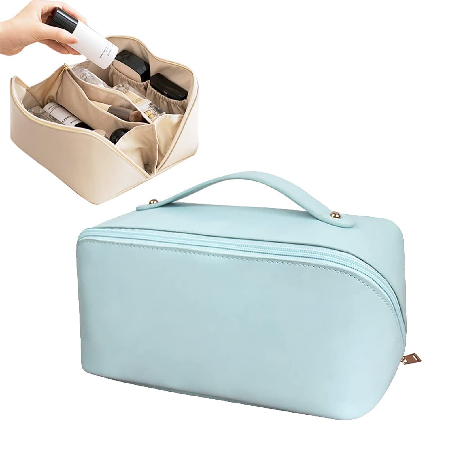 MQSHUHENMY Large Capacity Travel Cosmetic Bag - Waterproof Leather Makeup Organizer for Women | Portable Washable Skincare & Beauty Case | Perfect for Travel, Gym, and Daily Use (Sky Blue)