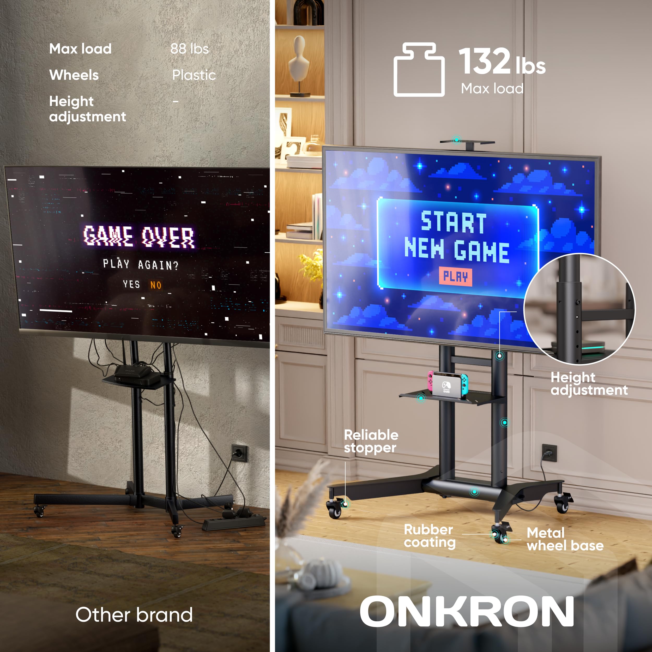 ONKRON Adjustable Height Mobile TV Stand on Wheels for 32-75 Inch TVs up to 132 lbs, Rolling TV Cart with Shelf - Portable TV Moving Stand for Living Room, Bedroom, Office (Black, Max VESA 600x400)