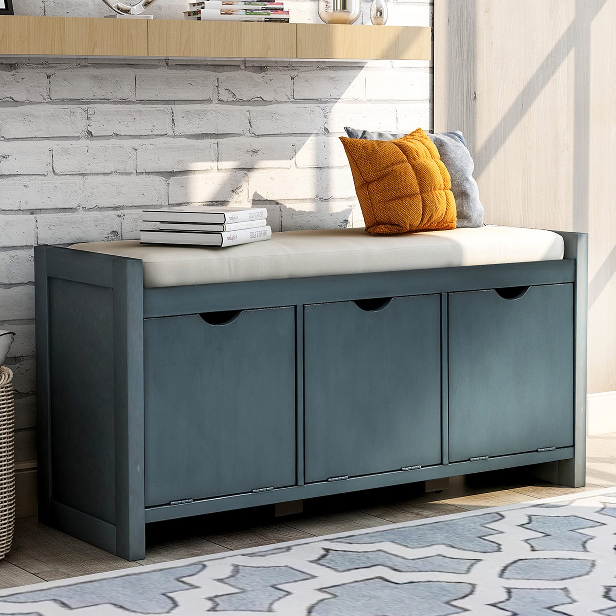 P PURLOVE Storage Bench with Removable Cushion & 3 Flip-Lock Cubbies - Entryway Shoe Bench for Living Room, Hallway & Bedroom - Antique Navy Home Organization Furniture for Shoes, Blankets & Toys