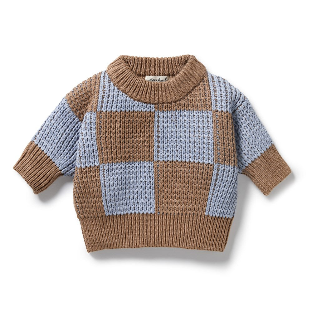 Organic Blue Speckle Knitted Check Jumper for Women - Soft Cotton Pullover Sweater for Casual Wear & Winter Fashion