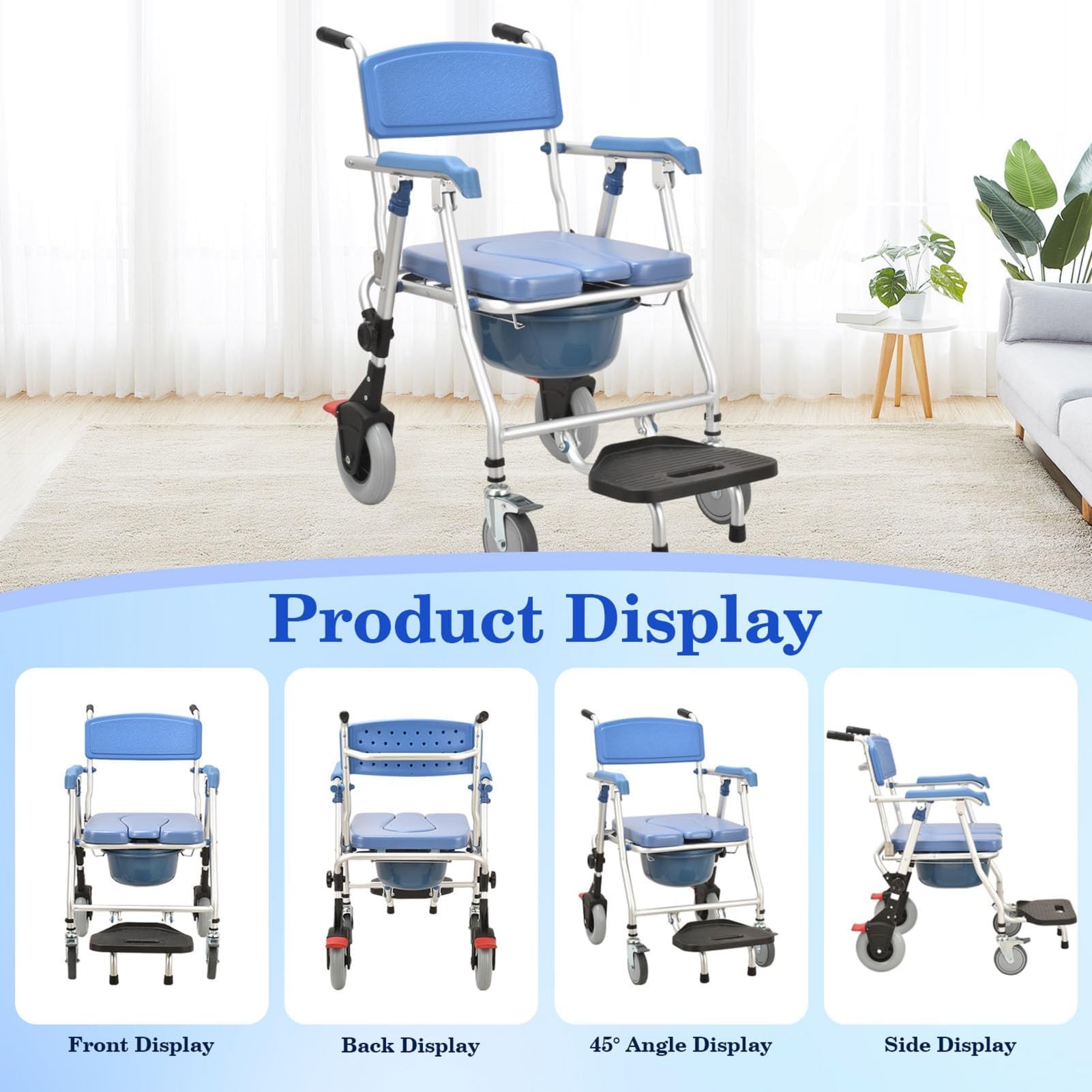 4-in-1 Folding Shower Commode Chair with Locking Wheels & Removable Bucket - Adjustable Height Mobile Toilet Chair for Elderly & Disabled - Ideal for Bathroom Safety, Post-Surgery Recovery & Home Care Use