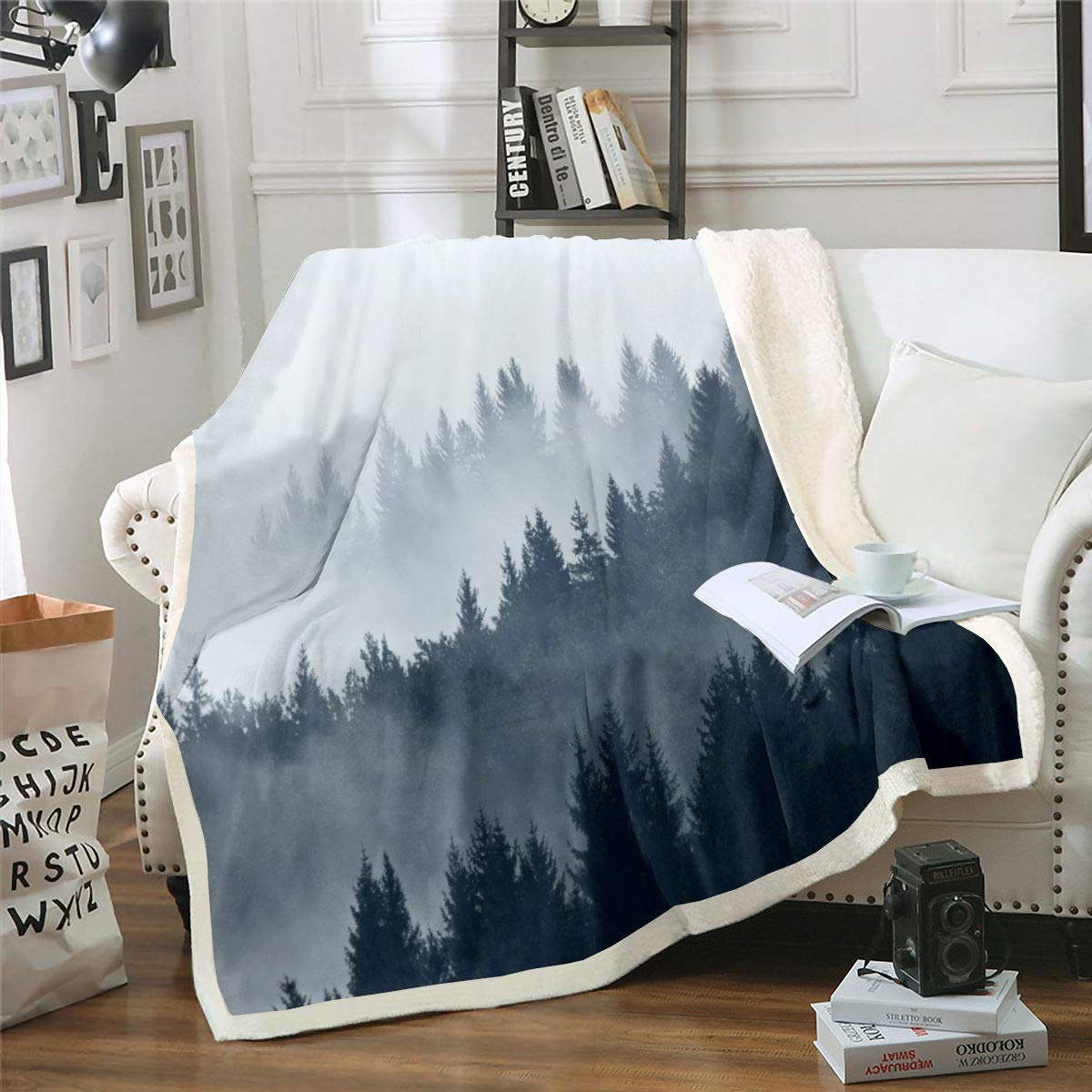 Erosebridal Smoky Mountain Fleece Blanket - Grey Tree Sherpa Throw for Kids, Boys & Teens | Soft Plush Bed Blanket with Coniferous Design | Perfect for Nursery, Dorm Room, Camping & Cozy Home Decor