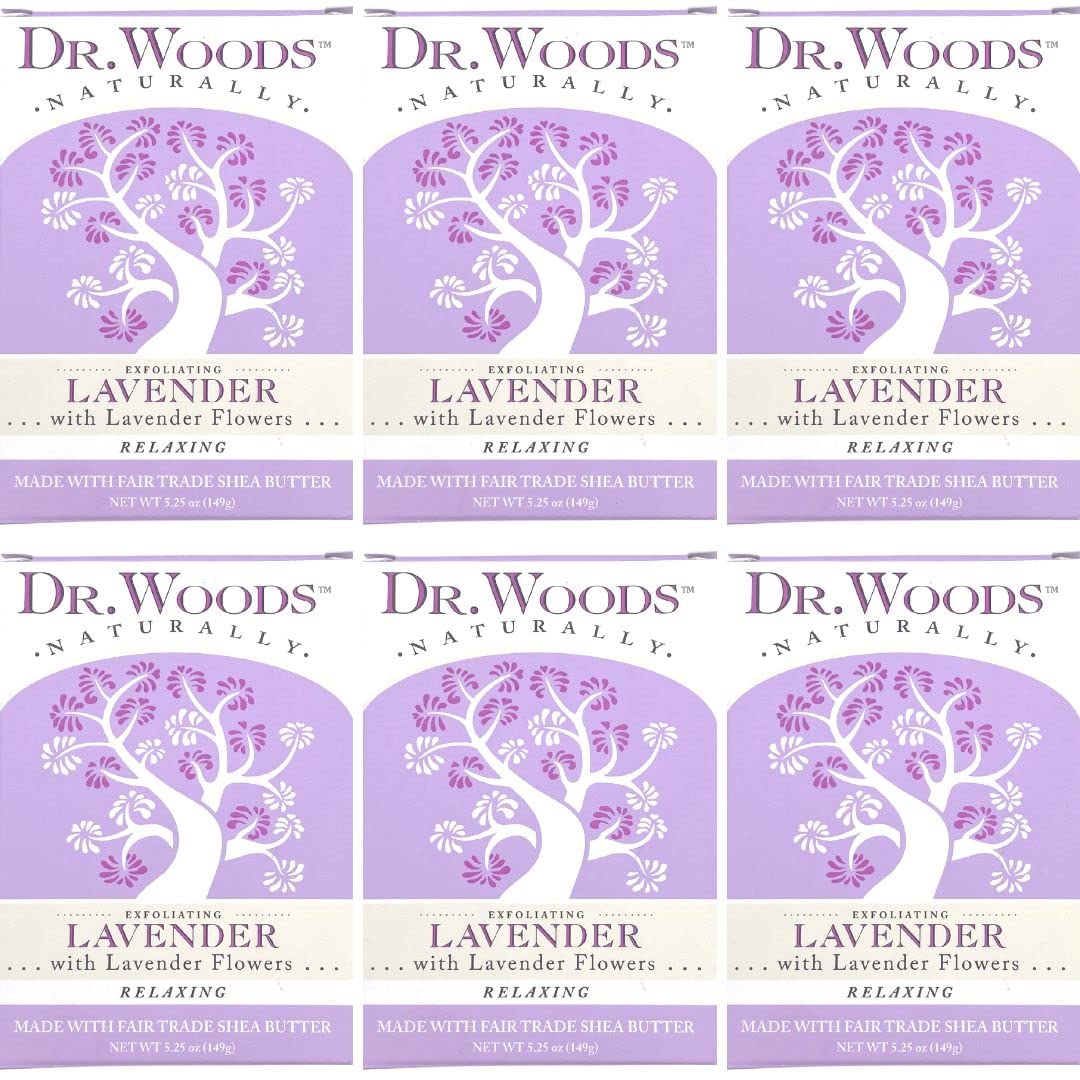 Dr. Woods Organic Lavender Exfoliating Bar Soap with Shea Butter – 5.25 oz (6-Pack) – Gentle Skin Cleansing for Dry & Sensitive Skin, Spa & Bath Relaxation