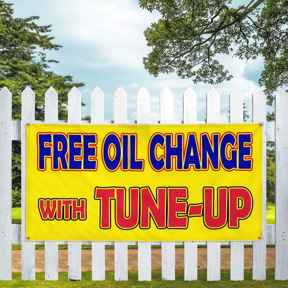 Durable 60x144 Inch Yellow Vinyl Banner with 10 Grommets - Weatherproof Outdoor Business Sign for Industrial Use, Yard Sales & Promotions (Free Oil Change with Tune-Up Offer) - Perfect for Storefronts, Construction Sites & Event Advertising