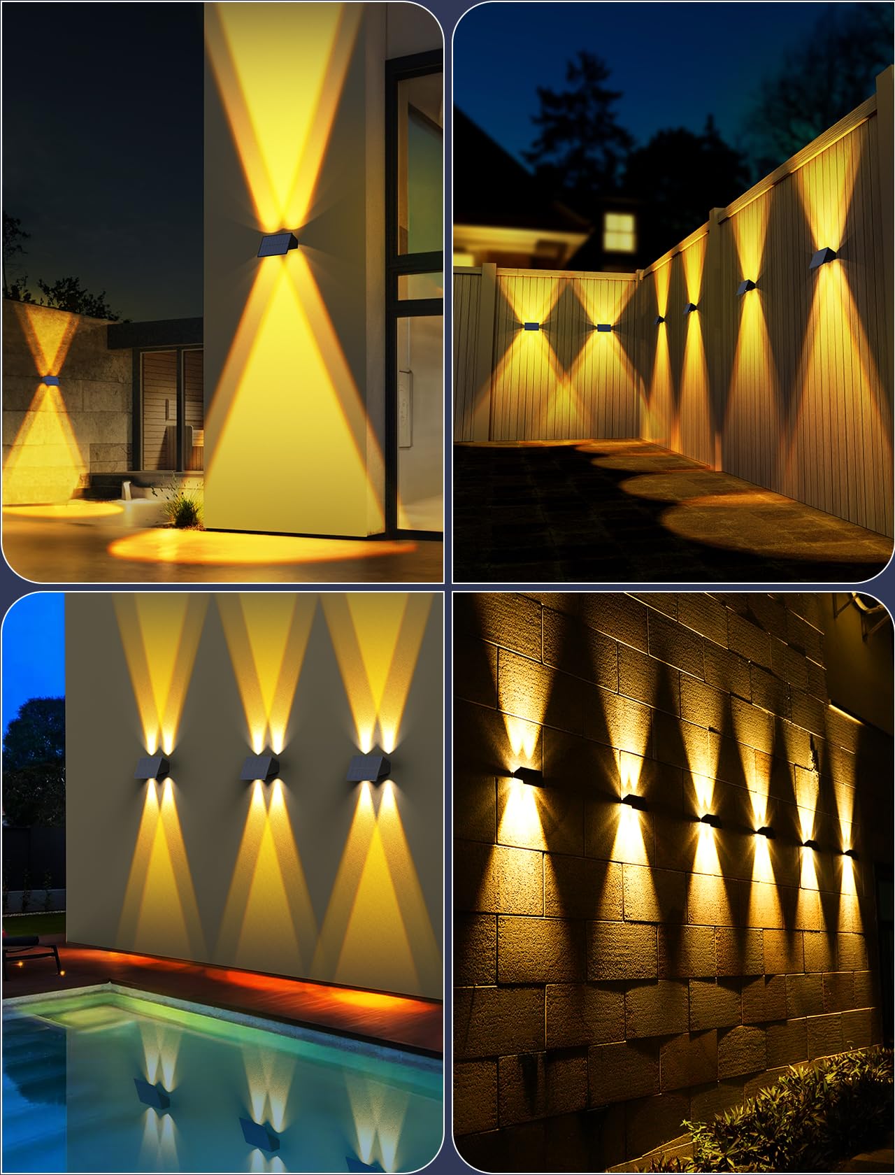 6-Pack Solar Fence Lights Outdoor Waterproof - 100 Lumens Warm White Up & Down Wall Lights with Dusk to Dawn Sensor - Perfect for Backyard, Pool, Patio, Porch, Railing & Step Lighting