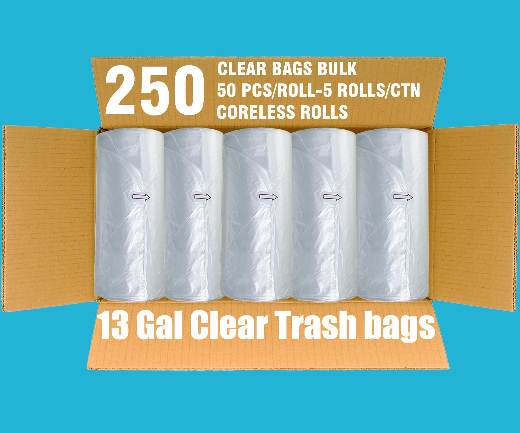 13 Gallon Trash Bags - 250 Count Bulk Clear Plastic Recycling Garbage Bags | Heavy Duty Tall Kitchen Can Liners for Home, Business & Industrial Use | Perfect for Waste Disposal, Recycling Centers & Commercial Kitchens